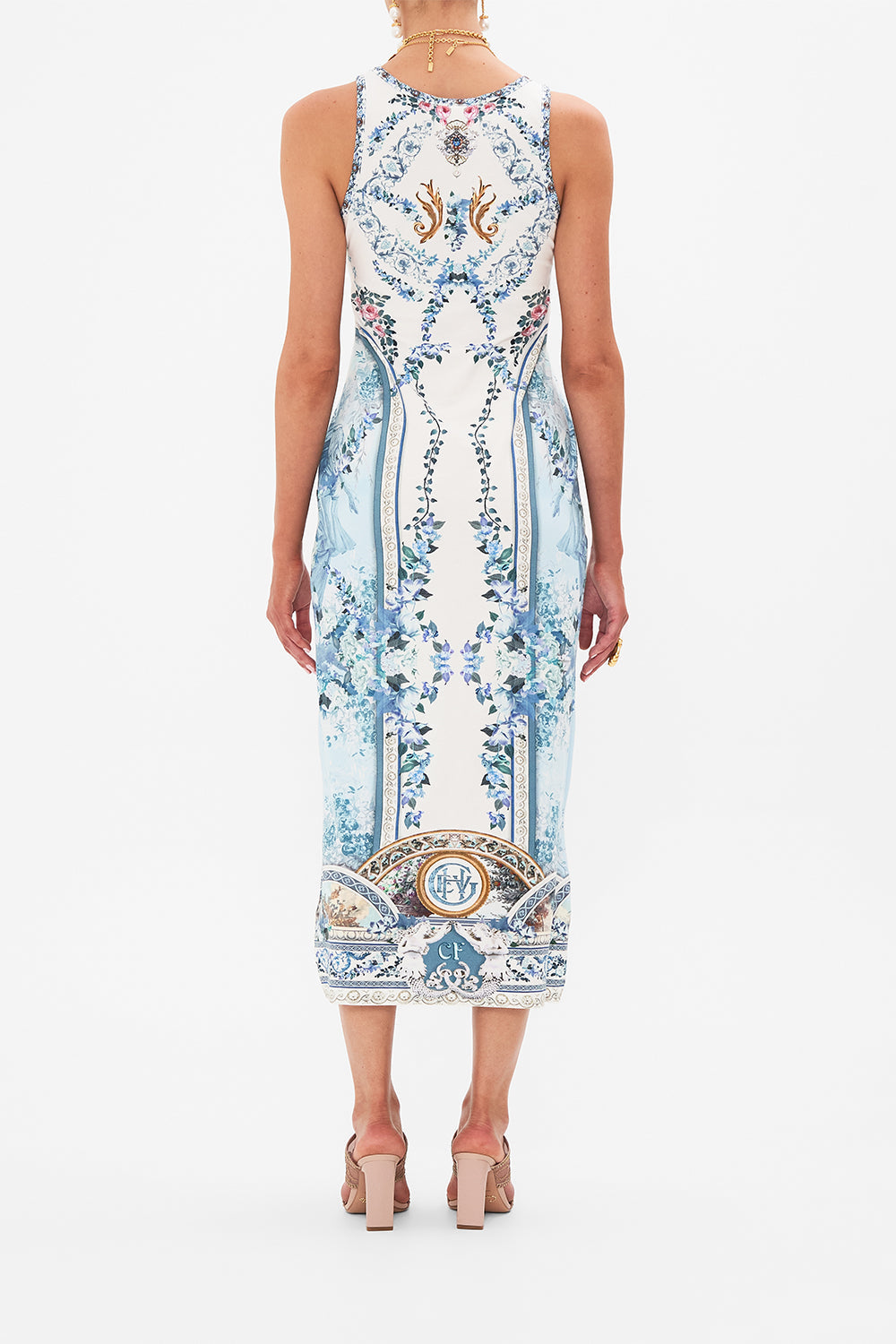 Back view of model wearing CAMILLA Jersey tank dress in Seasson of The Siren print