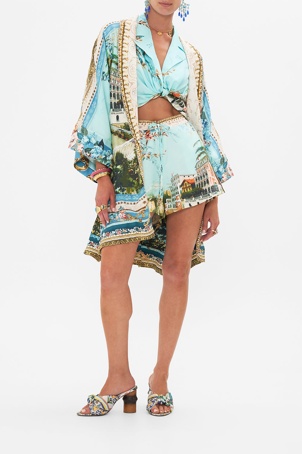 Detail view of model wearing CAMILLA boxer shorts from From Sorrento With Love print 