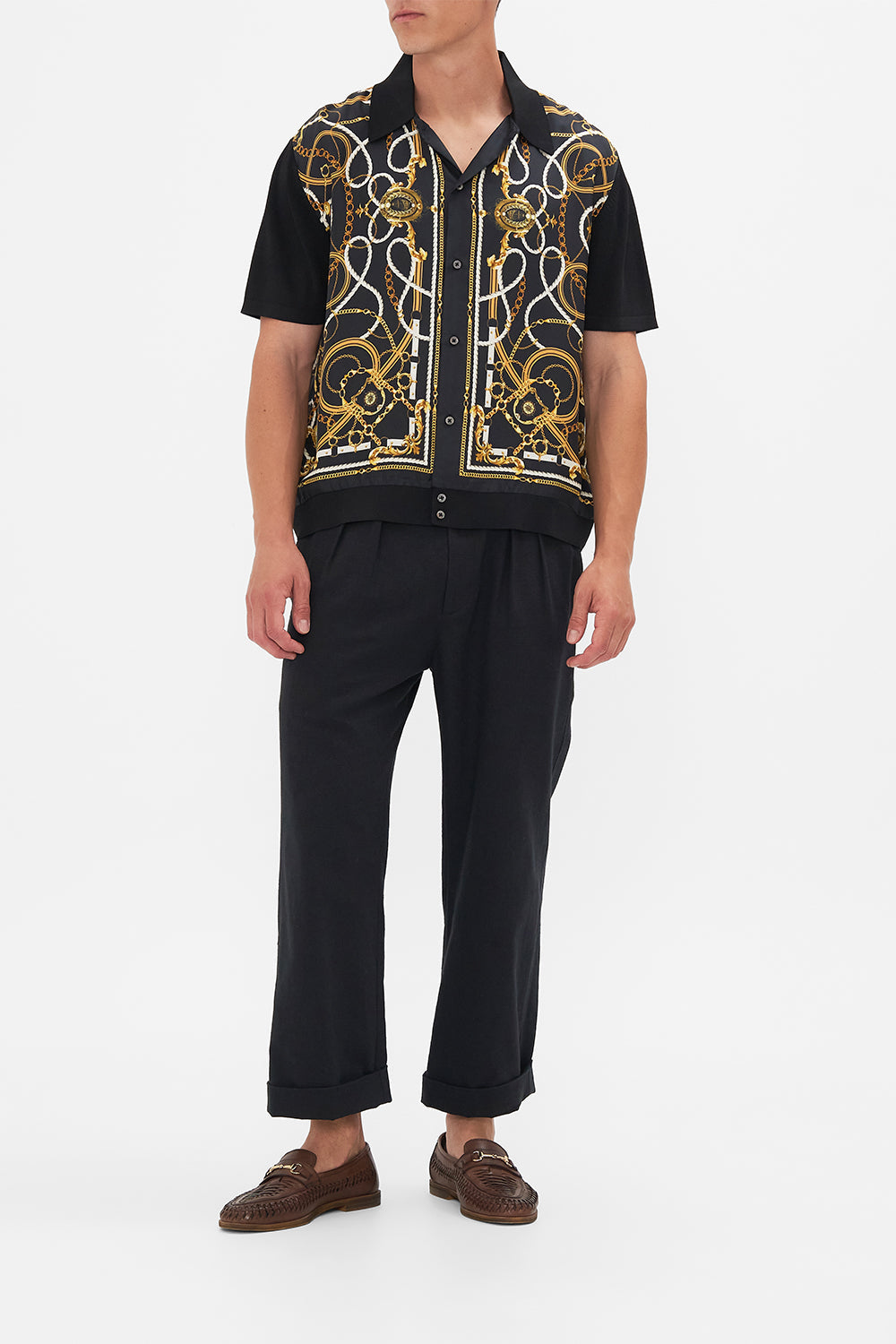 Front view of model wearing Hotel Franks By CAMILLA mens silk shirt in Coast to Coast print