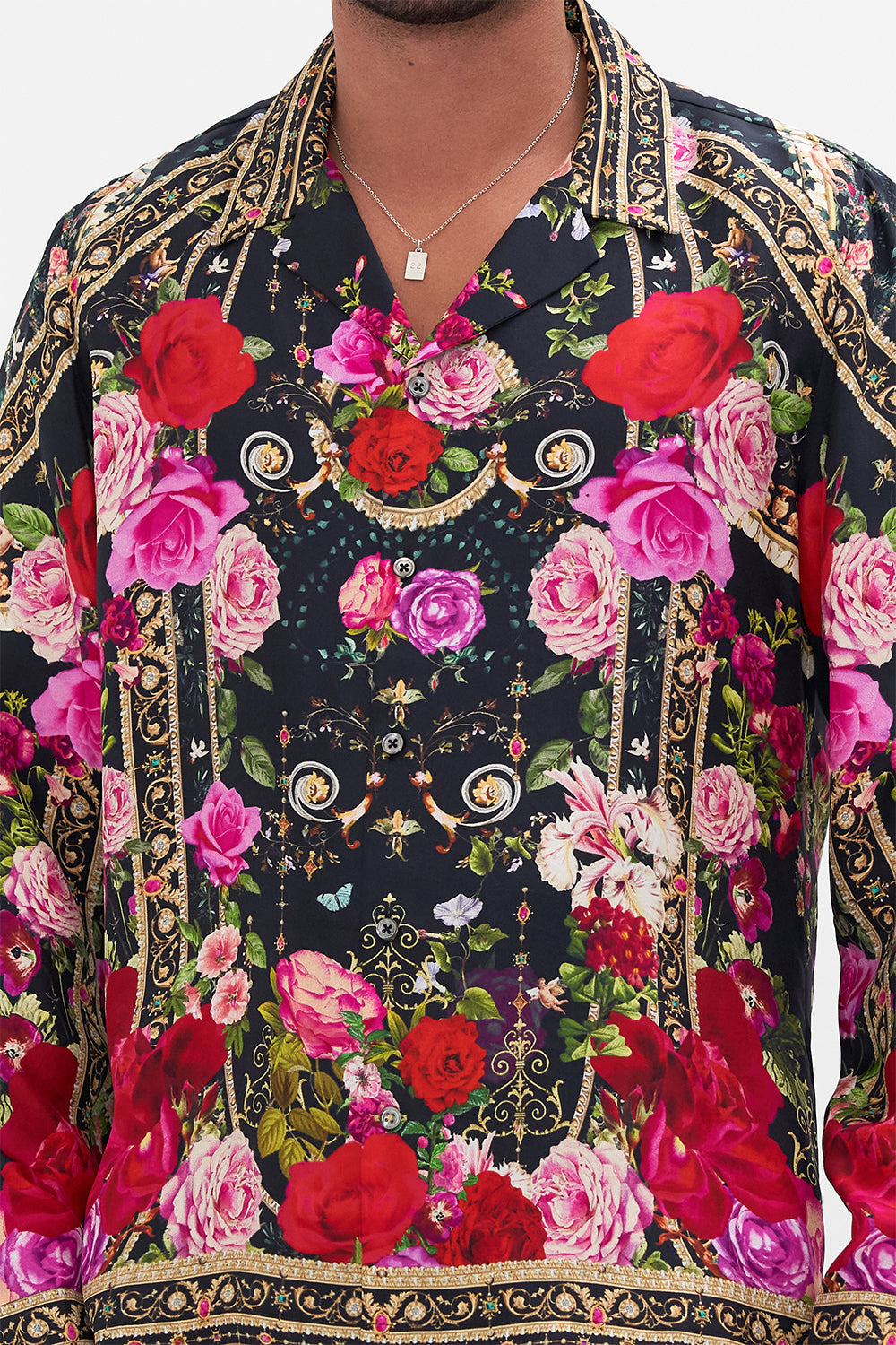 Detail view of model wearing Hotel Franks by CAMILLA mens floral camp collared shirt in Reservation For Love print