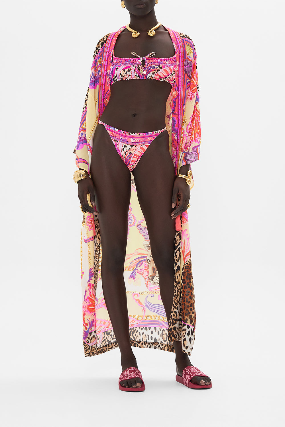 Detail view of model wearing CAMILLA resortwear bikini bottom in Viola Vintage print 