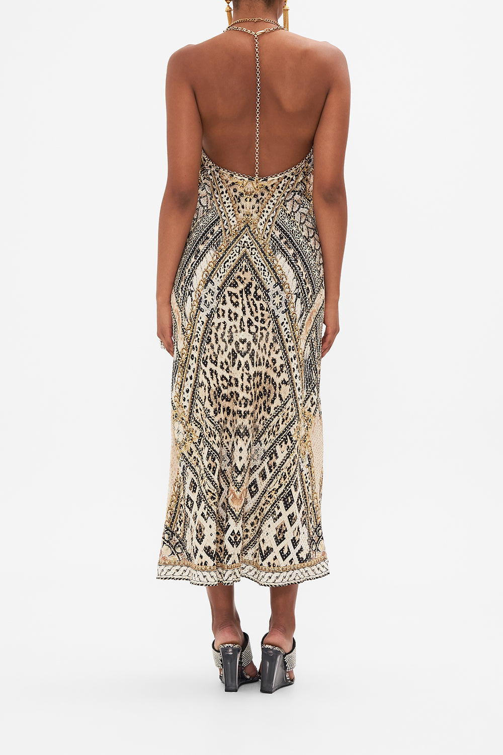 Back view of model wearing CAMILLA bias silk dress in Mosaic Muse print