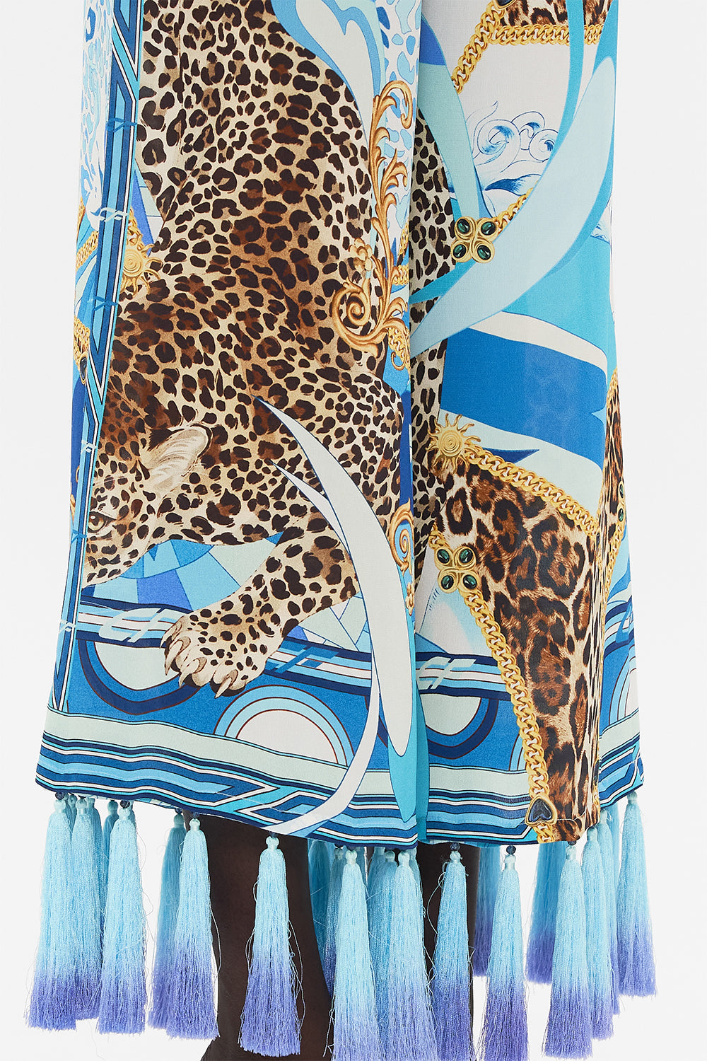 CROPPED LOUNGE PANT WITH OMBRE SILK TASSELS SKY CHEETAH