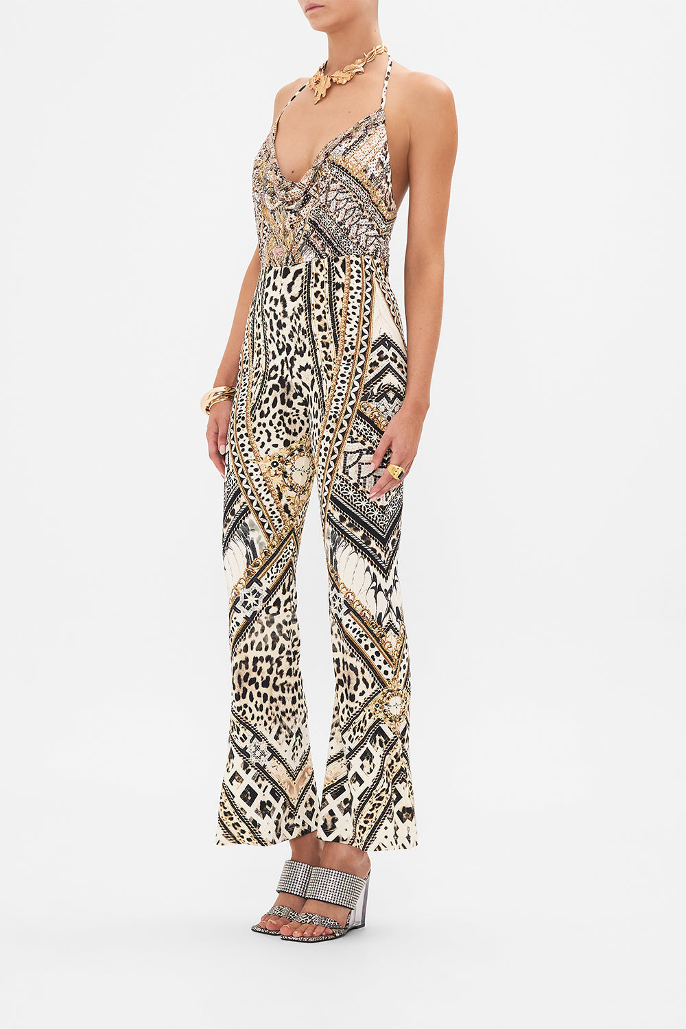 The CAMILLA COWL NECK BODYSUIT MOSAIC MUSE in our  print.