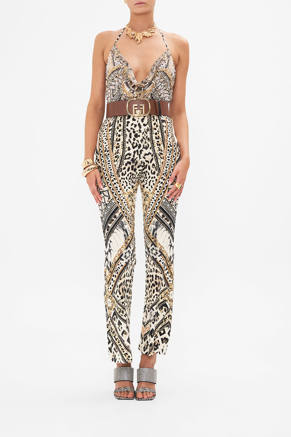The CAMILLA COWL NECK BODYSUIT MOSAIC MUSE in our  print.