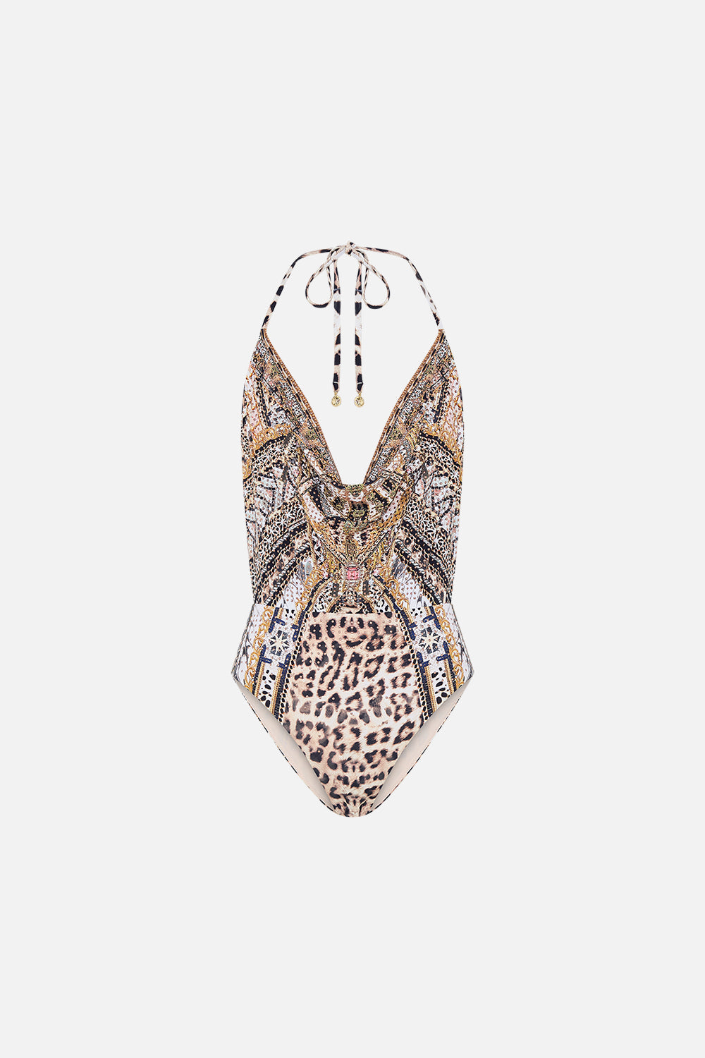 The CAMILLA COWL NECK BODYSUIT MOSAIC MUSE in our  print.