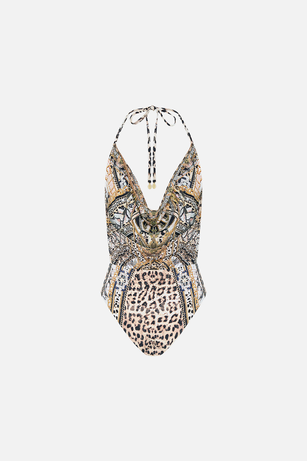 The CAMILLA COWL NECK BODYSUIT MOSAIC MUSE in our  print.