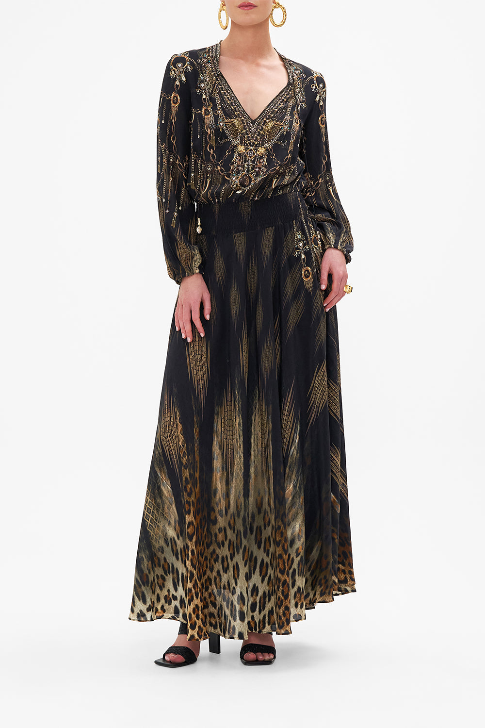 Front view of model wearing CAMILLA silk maxi dress in Jungle Dreaming print