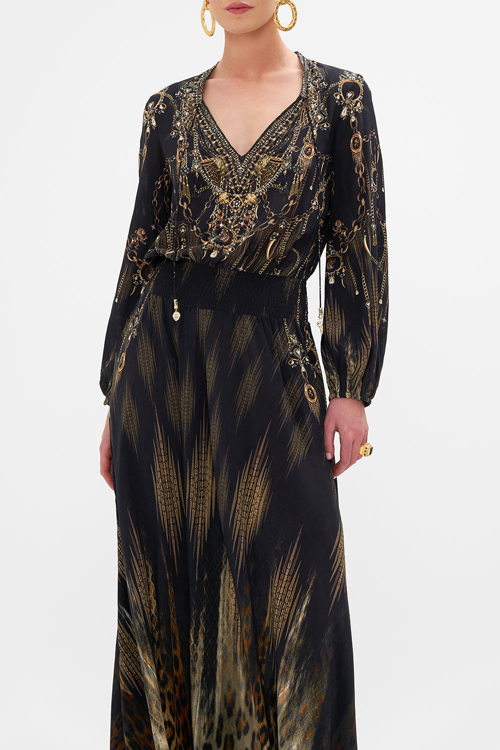 Crop view of model wearing CAMILLA silk maxi dress in Jungle Dreaming print