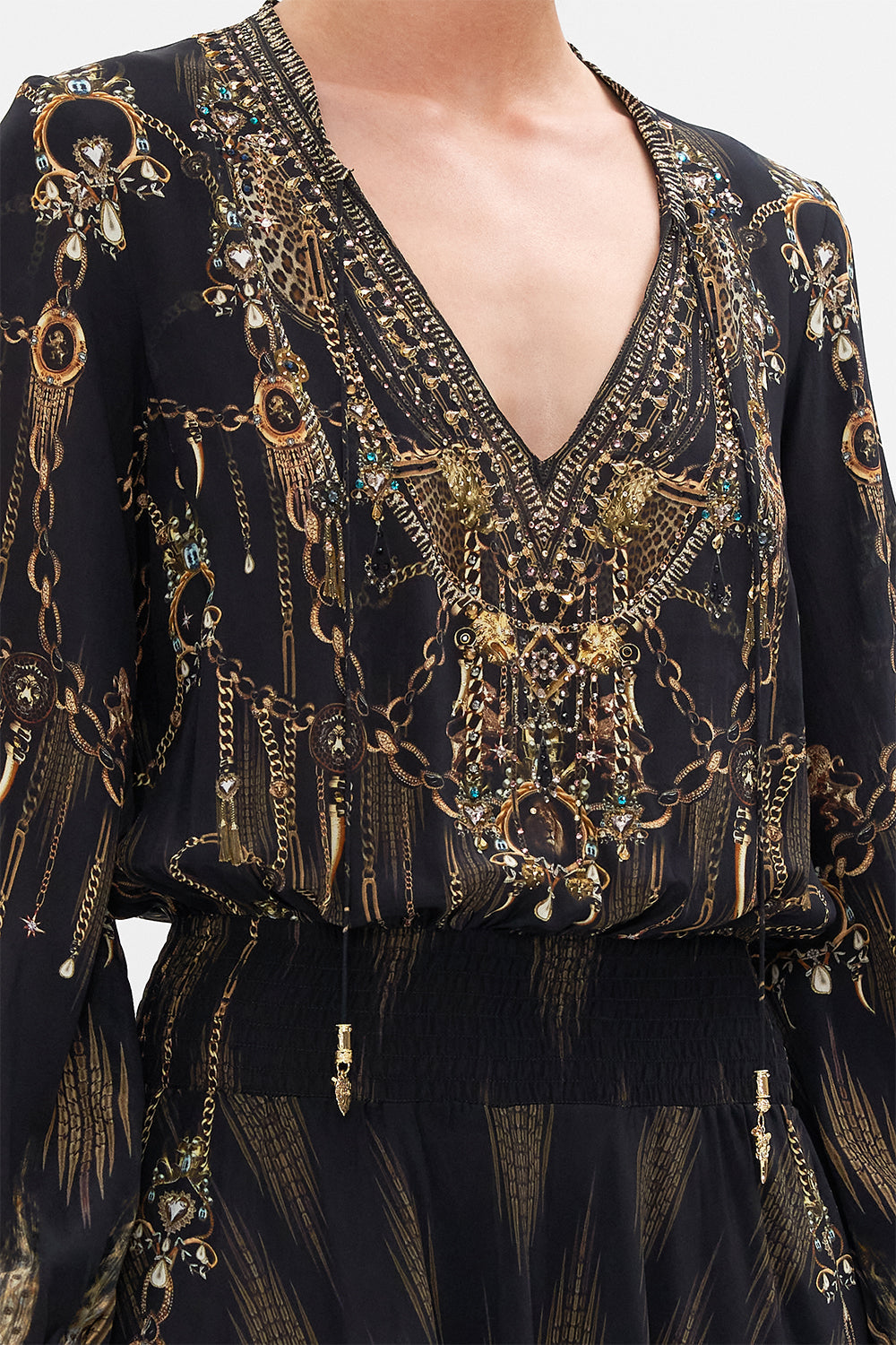 Detail view of model wearing CAMILLA silk maxi dress in Jungle Dreaming print