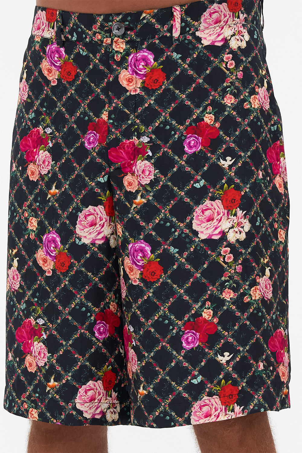 Detail view of model wearing Hotel Franks By CAMILLA mens walkshort in Reservation For Love print 