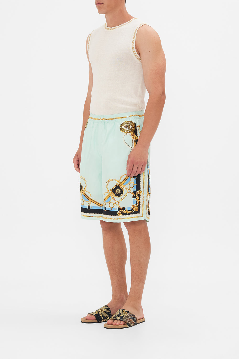 The CAMILLA BAGGY MID LENGTH WALK SHORT SEA CHARM in our  print.