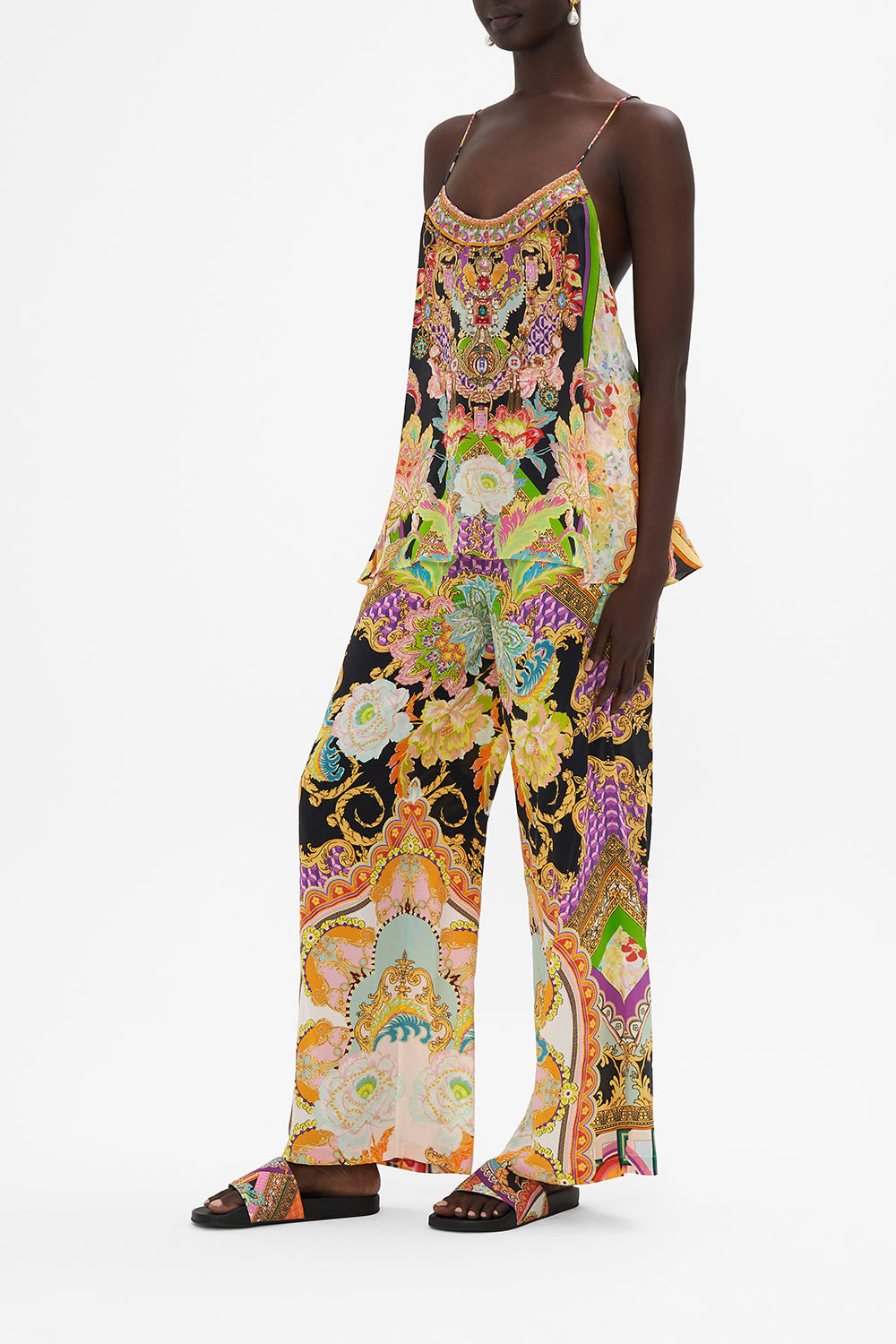 Side view of model wearing CAMILLA silk top in Sundowners in Sicily print 