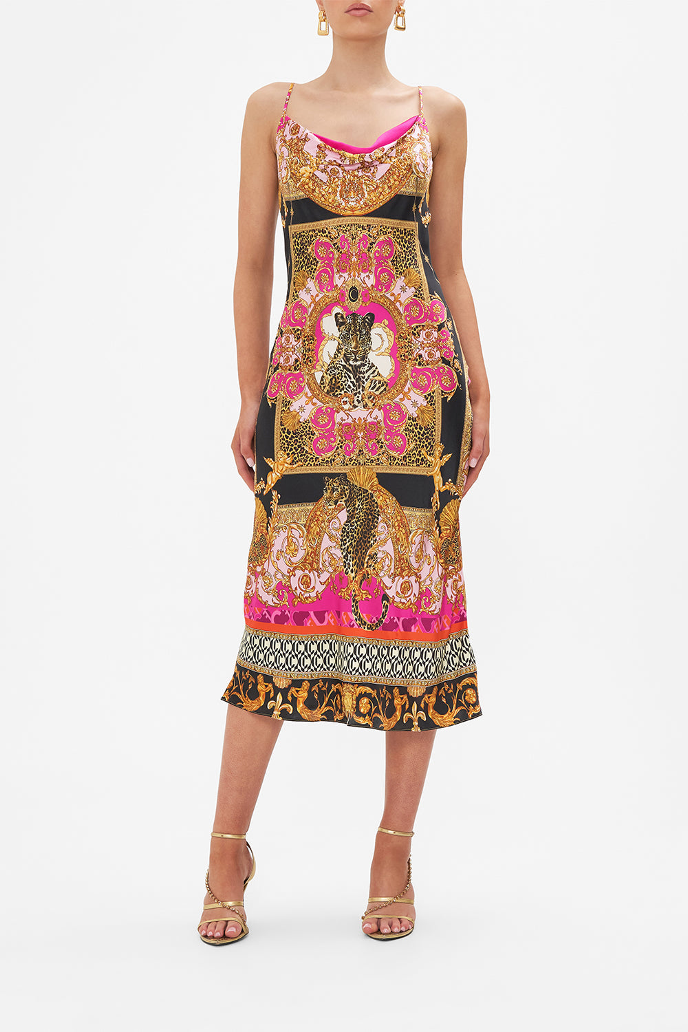 Front view of model wearing CAMILLA silk bias slip midi dress in Ciao Palazzo print