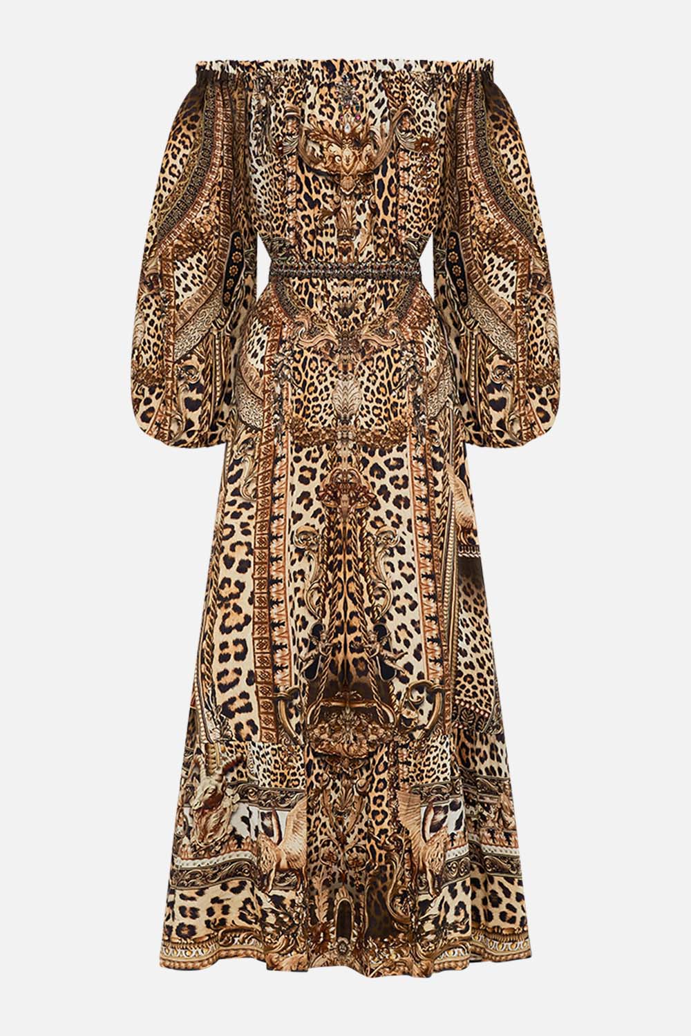 Video of model wearing CAMILLA leopeard print off the shoulder dress in Standing Ovation print