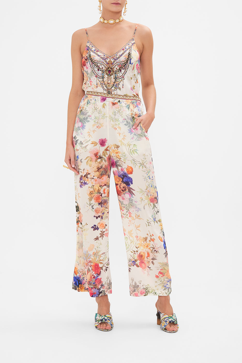 Front view of model wearing CAMILLA silk wide leg pant in Friends with Frescos print