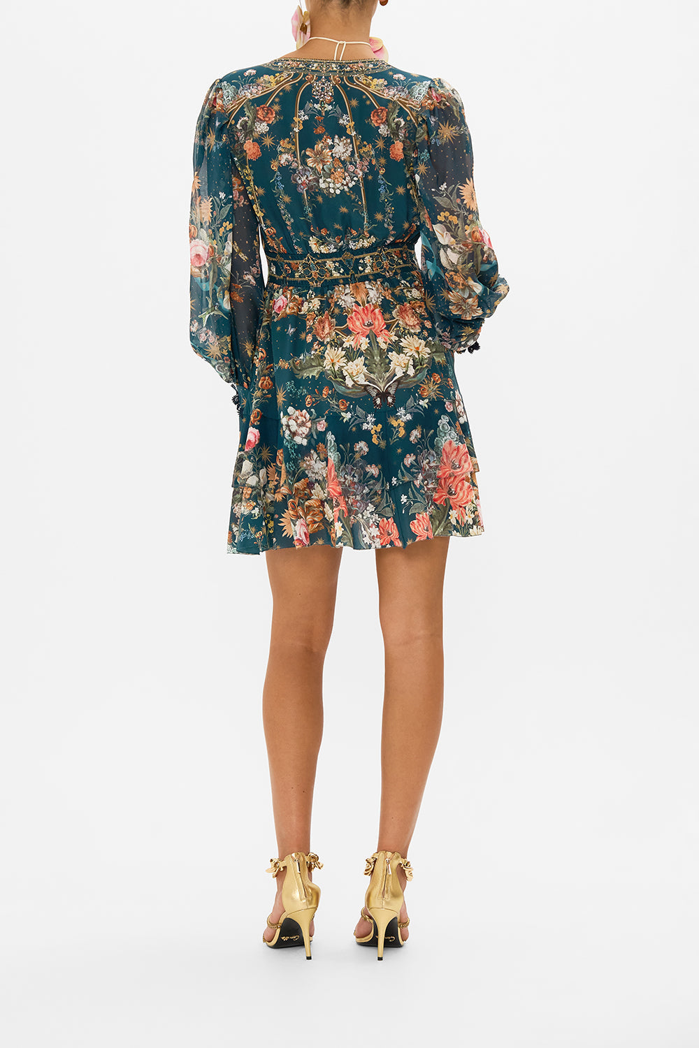 CAMILLA silk frill dress in She Who Wears The Crown print