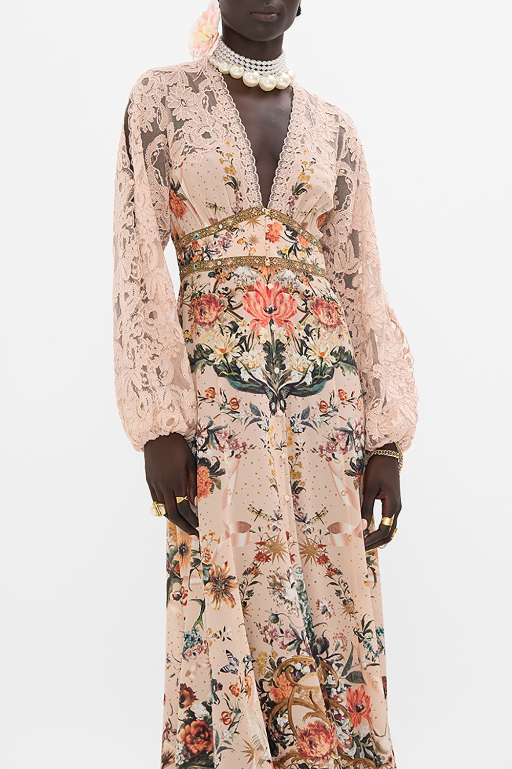 CAMILLA floral print lace dress In Rose Garden Revolution print