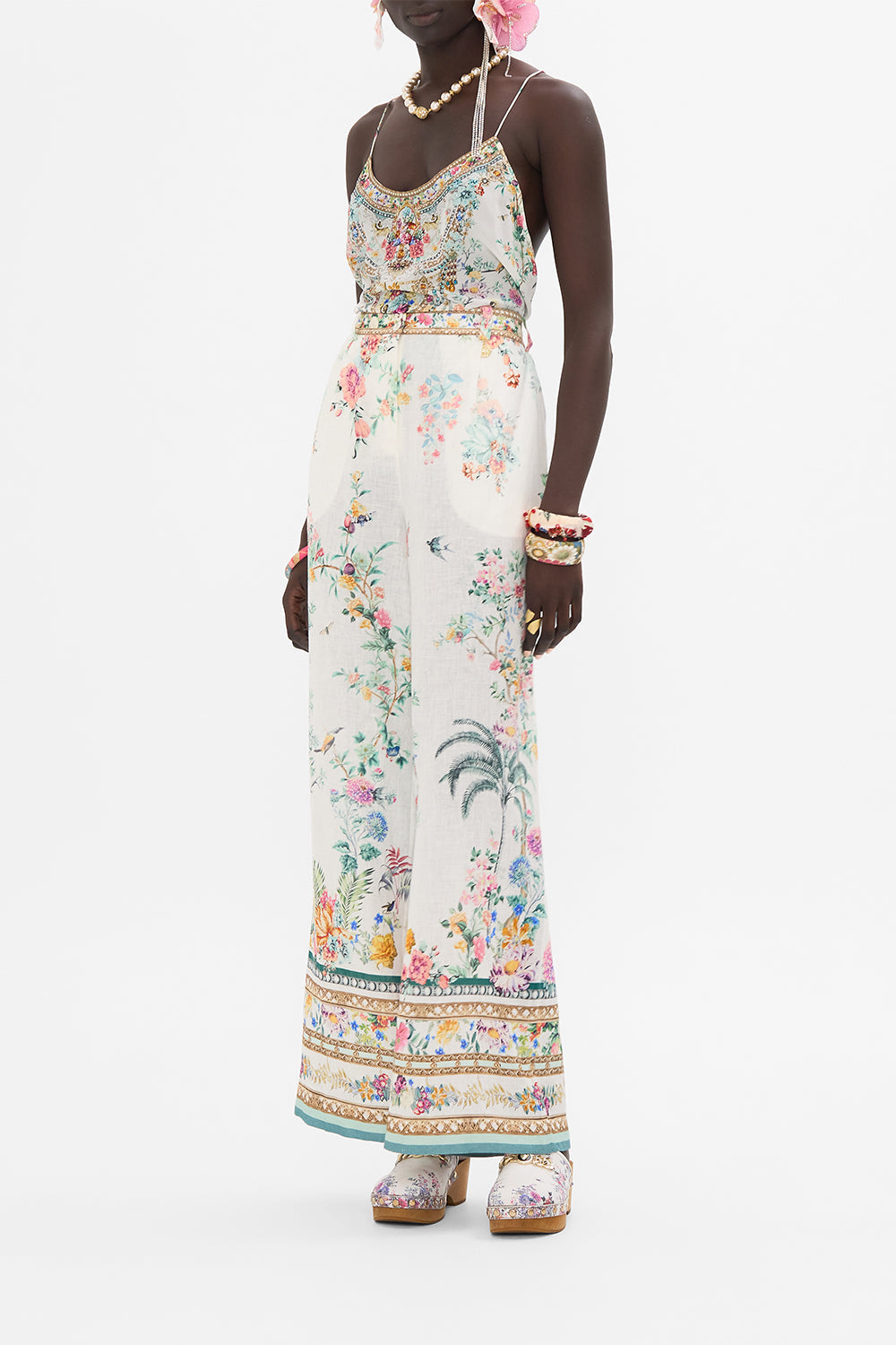 The CAMILLA WIDE LEG WAISTED PANT PLUMES AND PARTERRES in our  print.