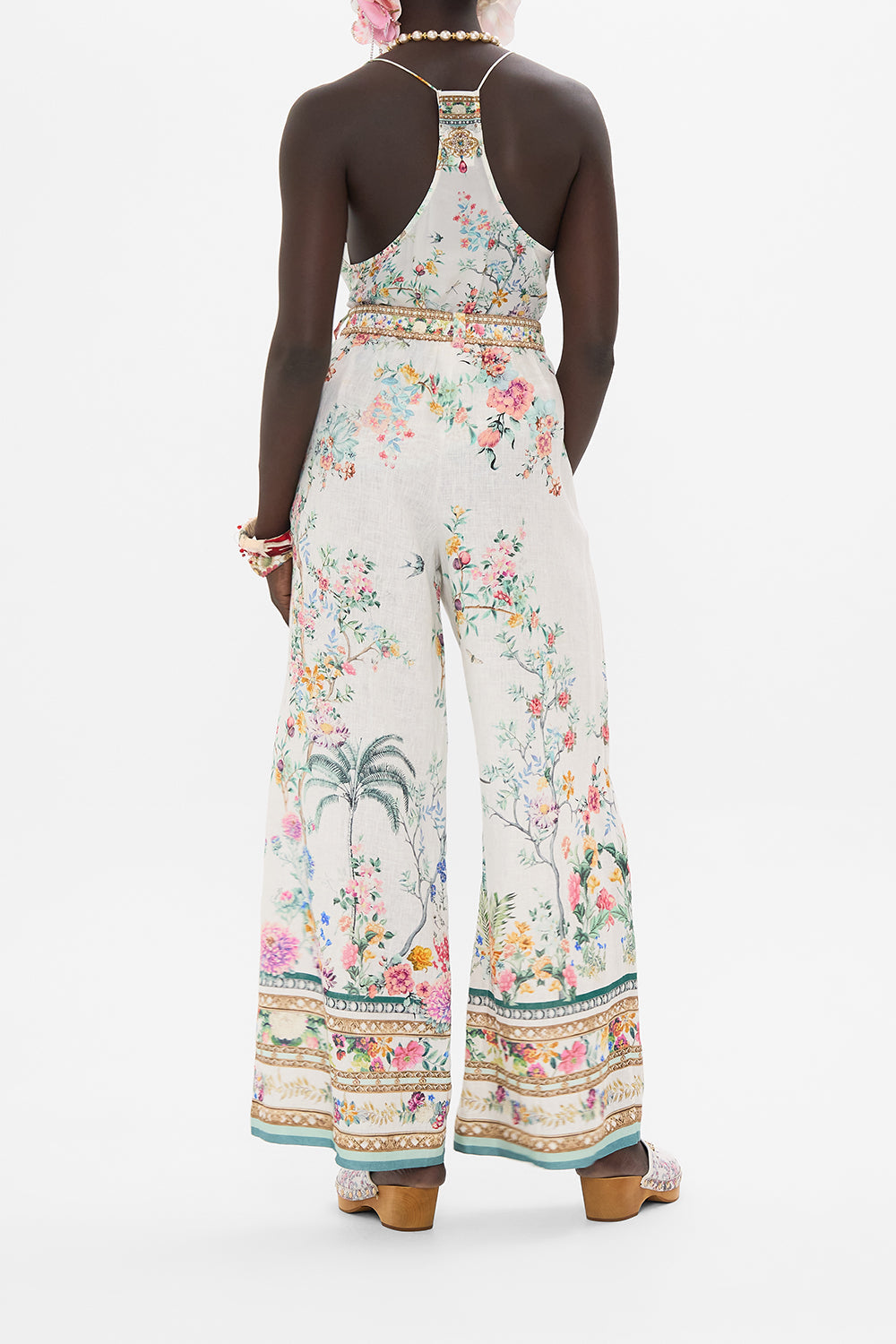 The CAMILLA WIDE LEG WAISTED PANT PLUMES AND PARTERRES in our  print.
