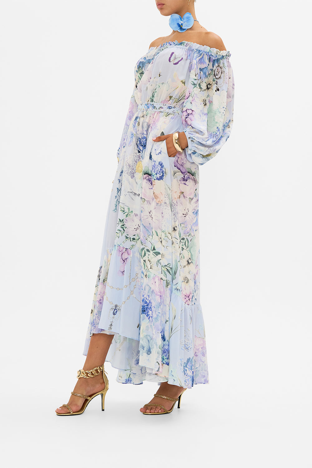 CAMILLA silk off shoulder maxi dress in Butterfloria print