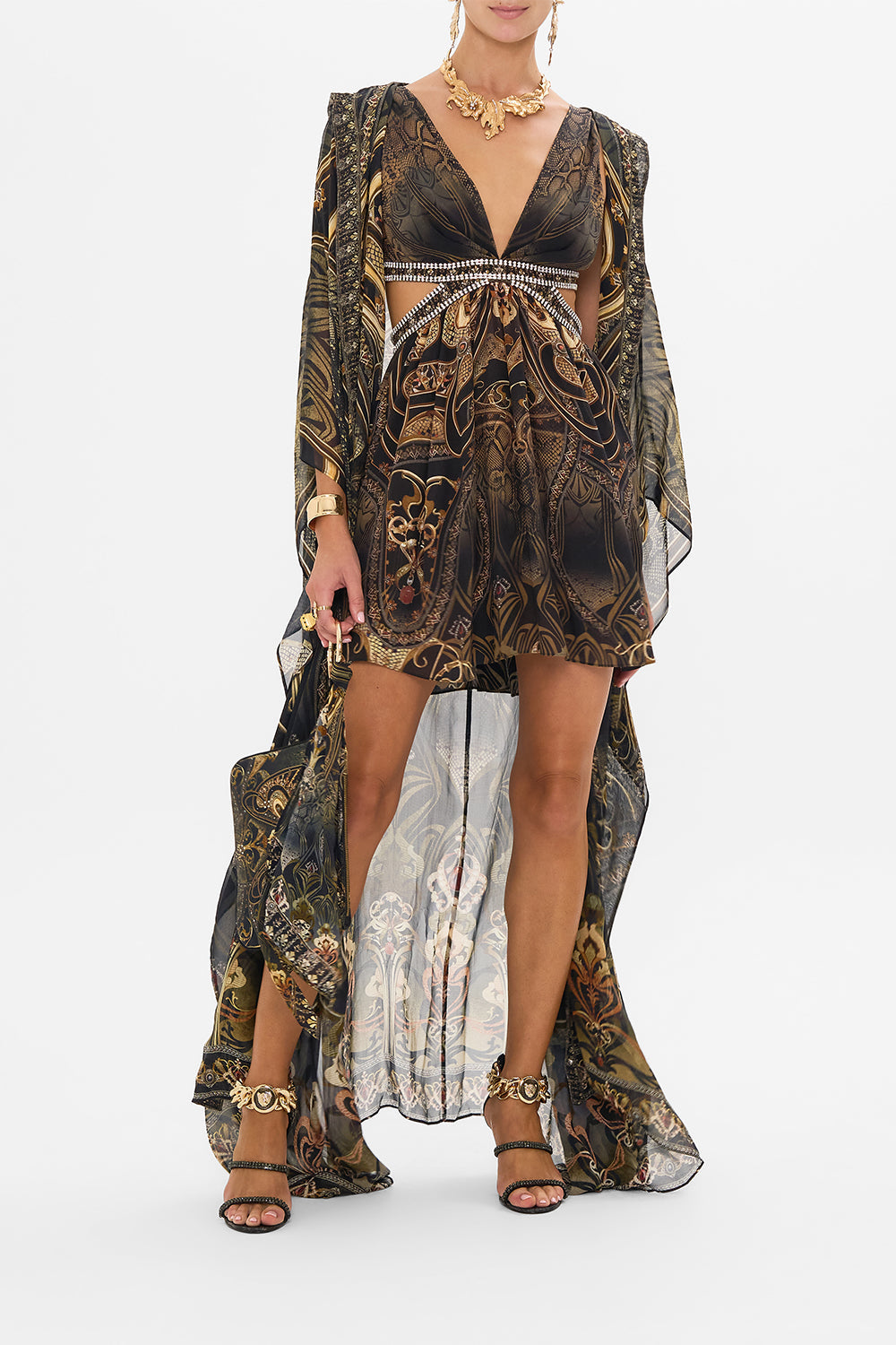 CAMILLA cut out mini dress in Nouveau Noir print