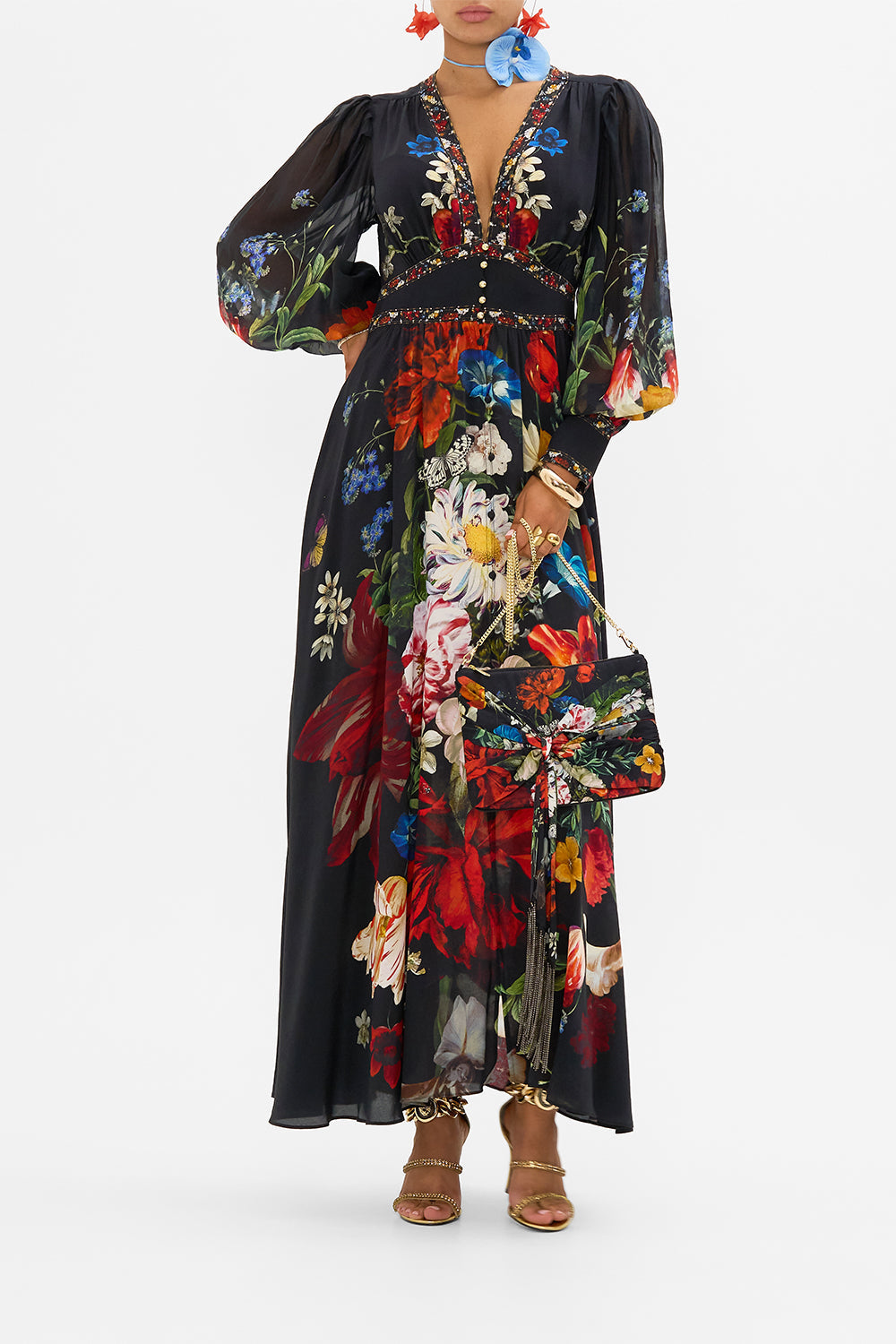 CAMILLA black floral print silk dress in A Still Life print