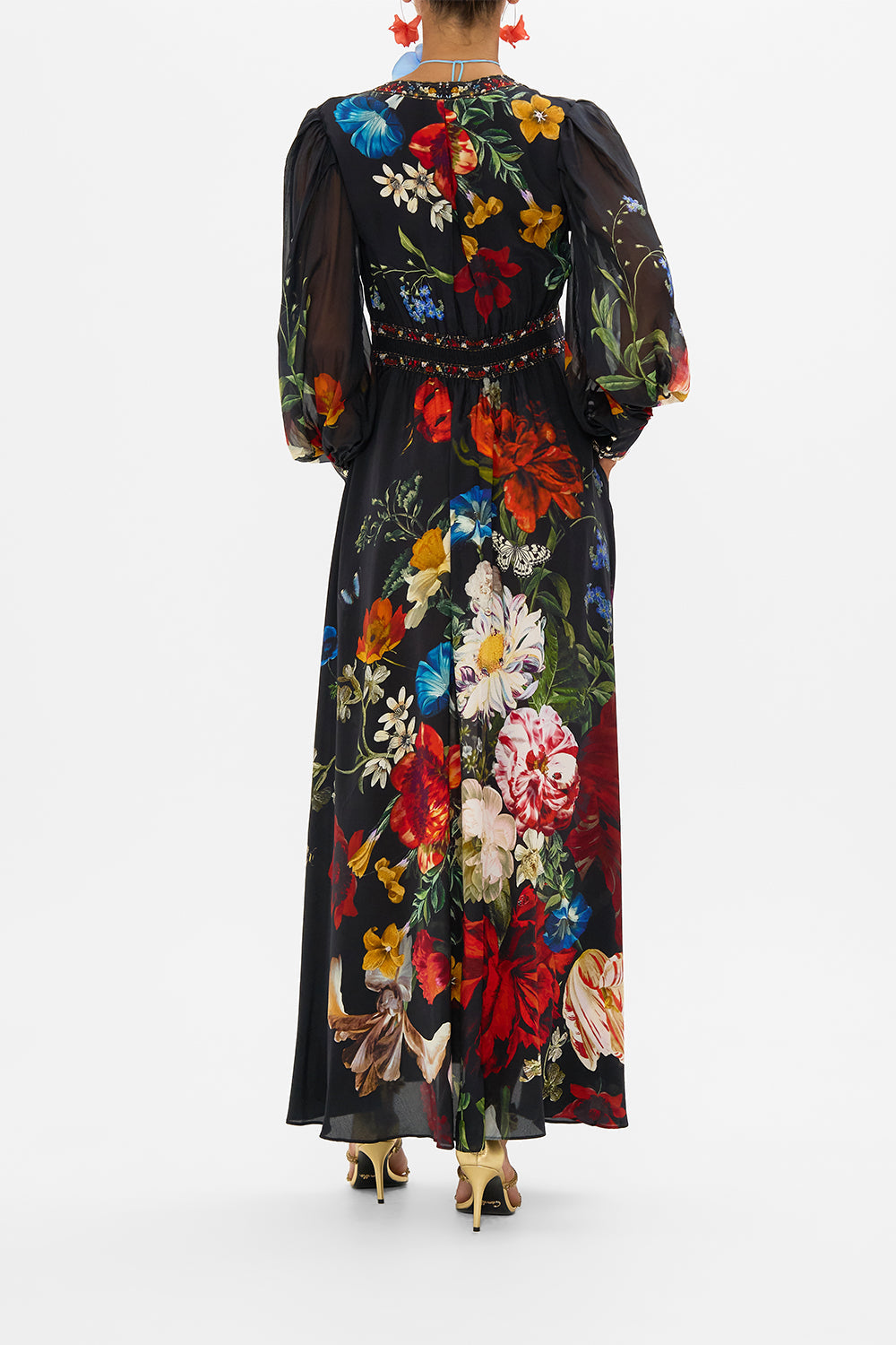CAMILLA black floral print silk dress in A Still Life print