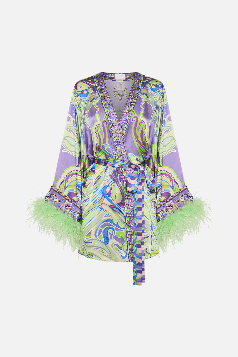 CAMILLA wrap dress with feathers in Amsterdam Jewel print