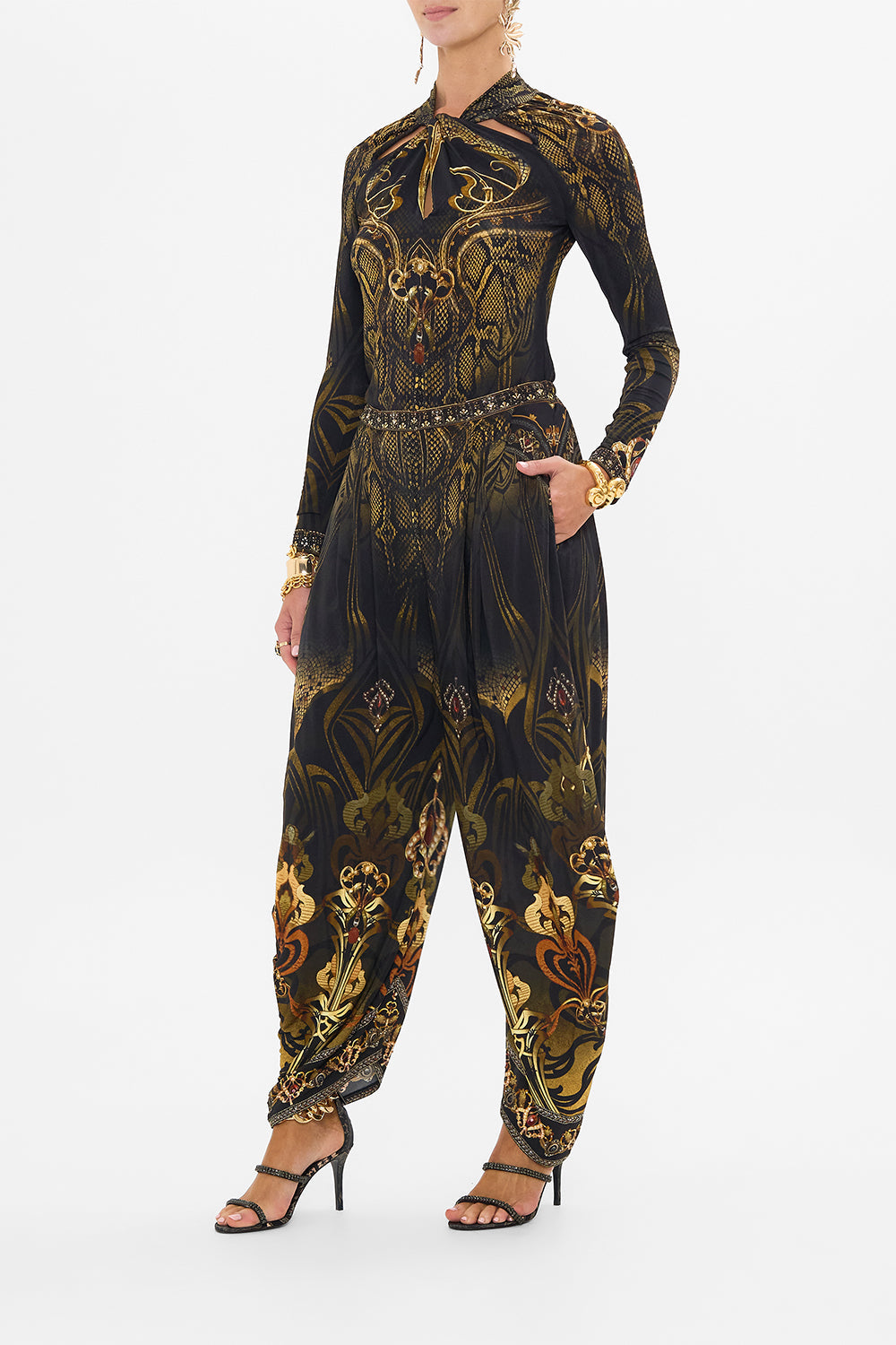 CAMILLA black jersey pants in Nouveau Noir print