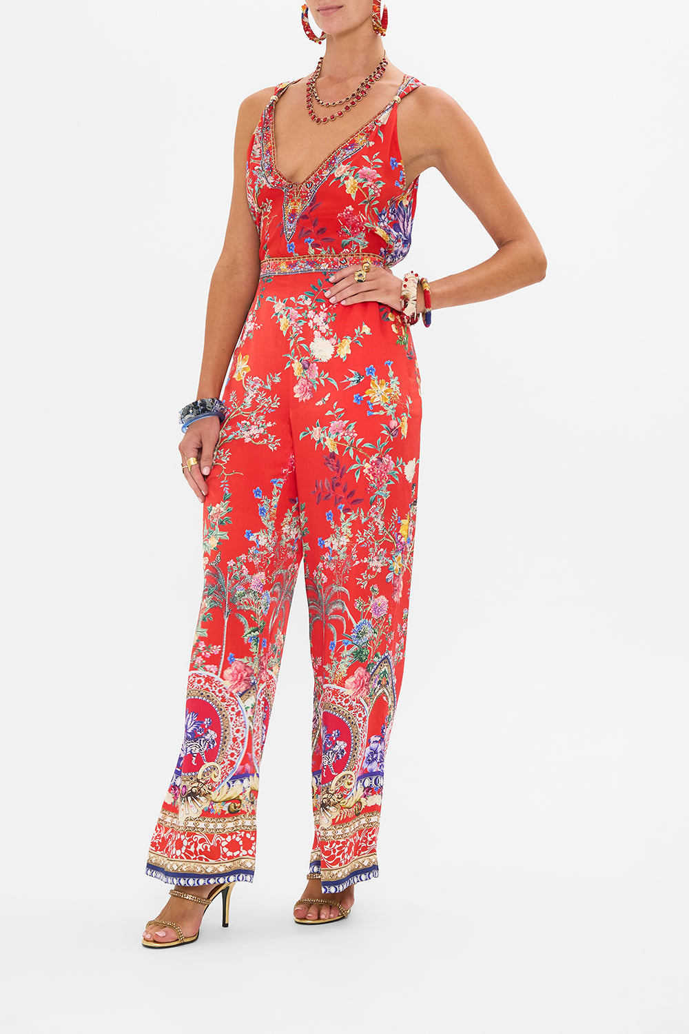CAMILLA red floral print silk tank top in The Summer Palace print