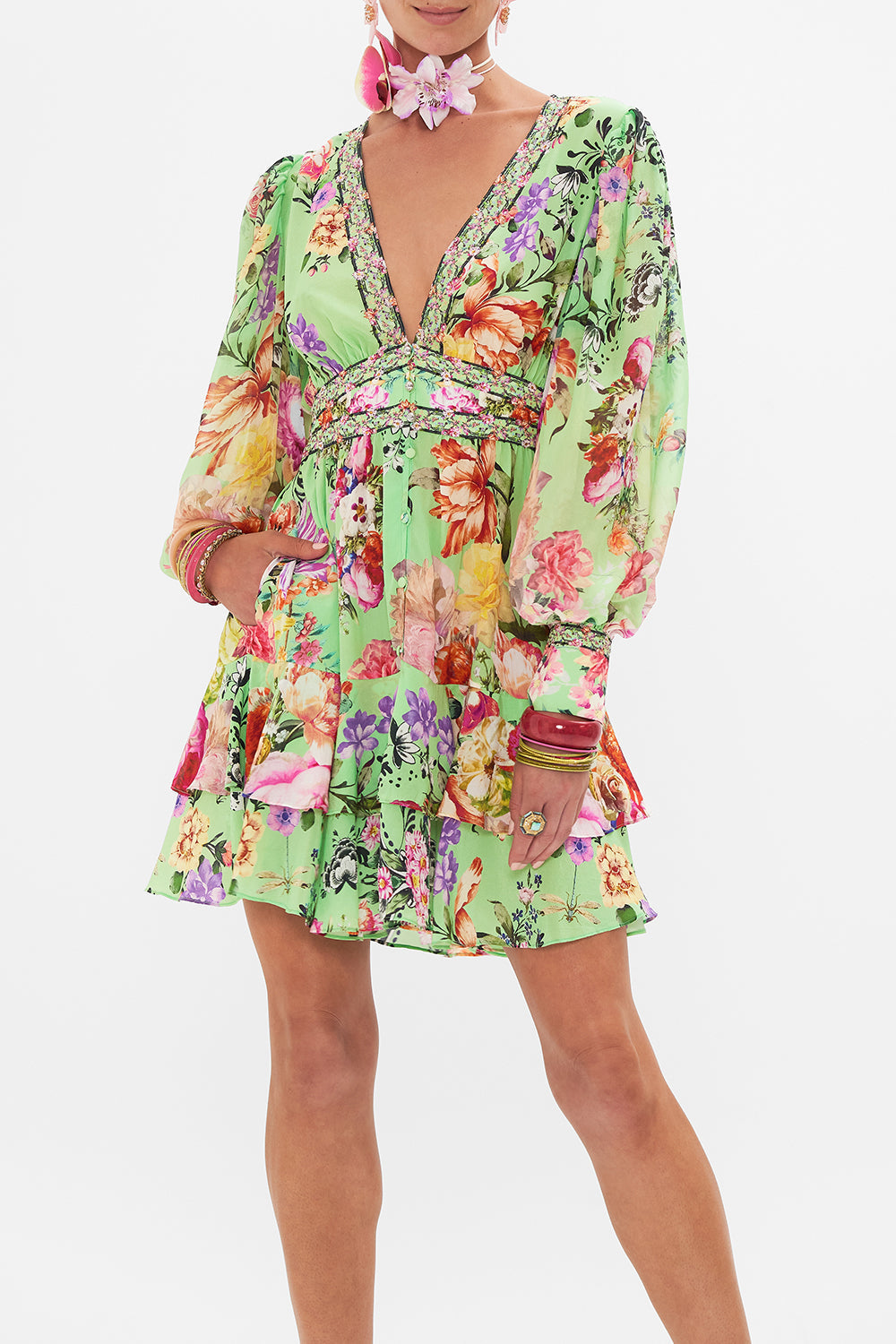 Crop view of model wearing CAMILLA silk dress in Porcelain Dream print