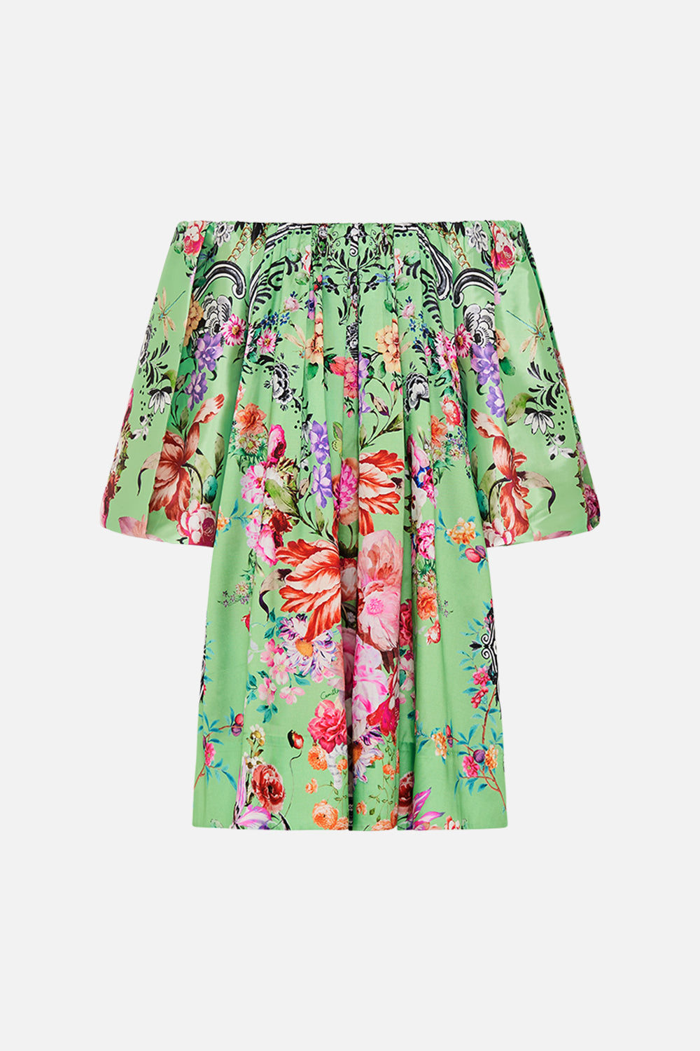 Back view of  CAMILLA pudd sleeve dress in Porcelain Dream print