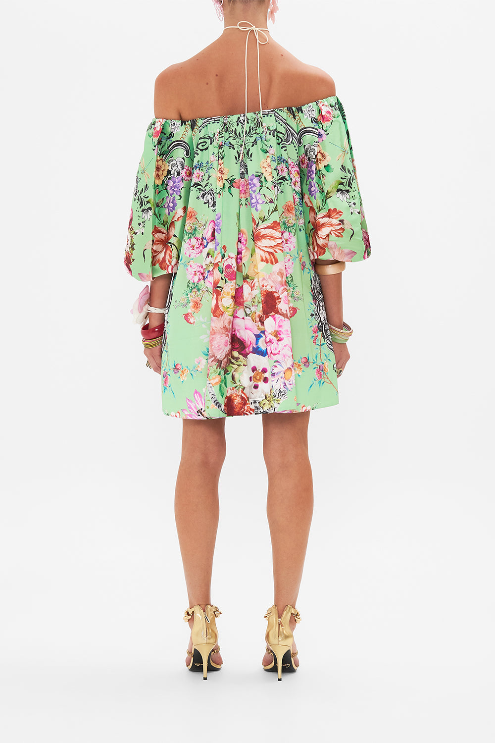 Back view of model wearing CAMILLA puff sleeve dress in Porcelain Dream print