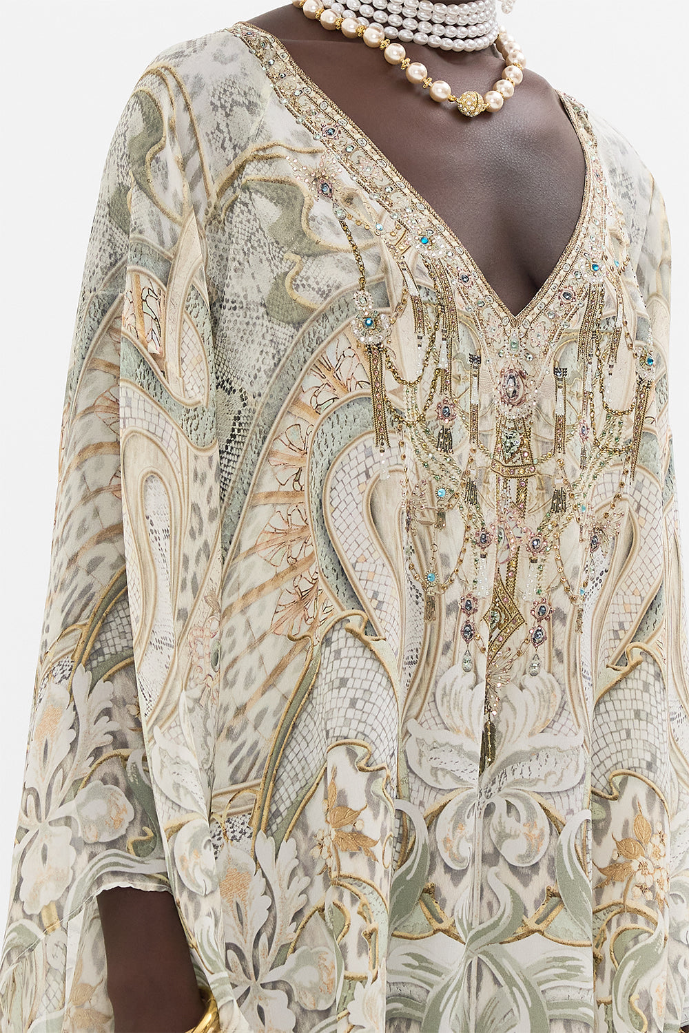 CAMILLA silk kaftan in Ivory Tower Tales print