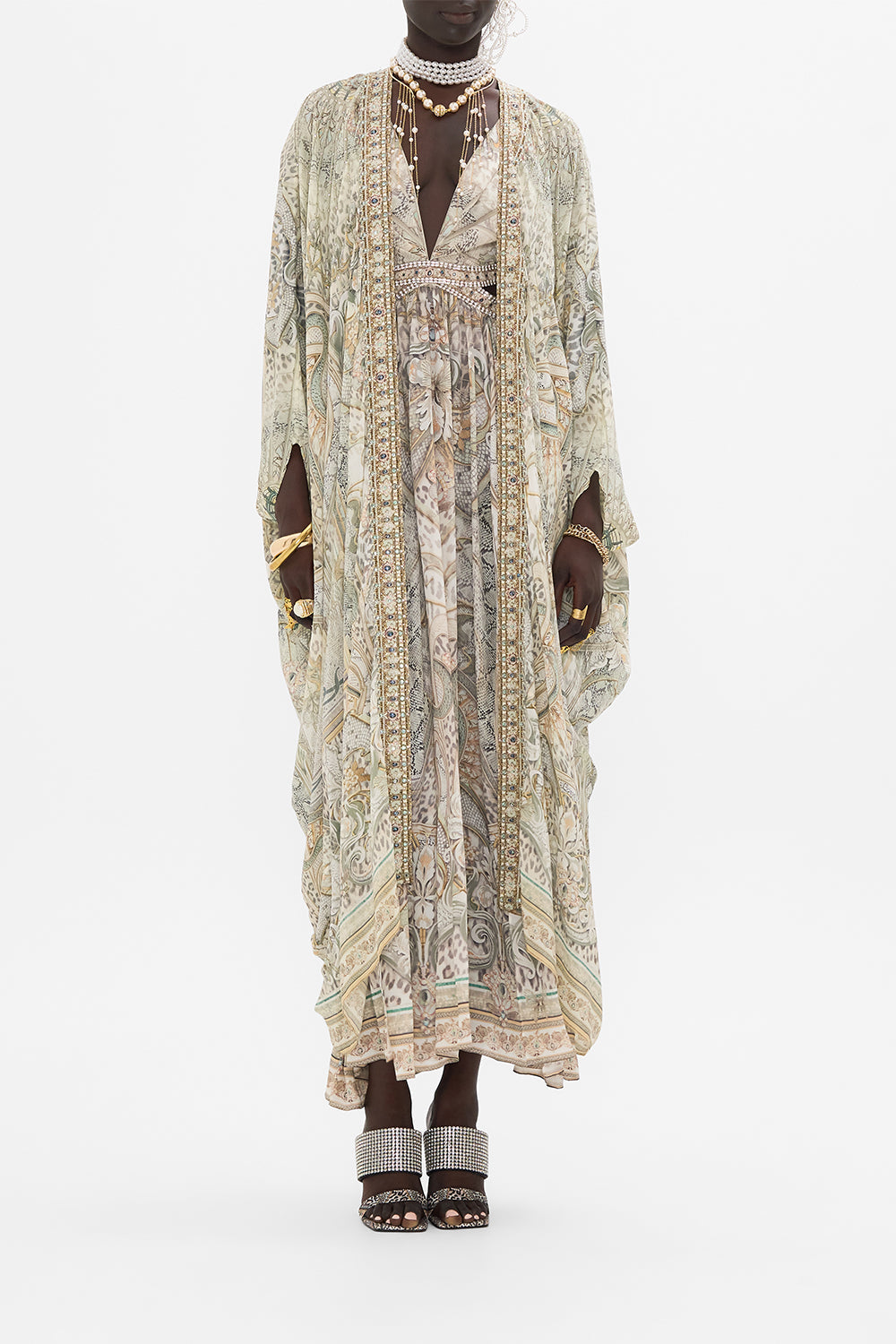 CAMILLA silk layer in Ivory Tower Tales print