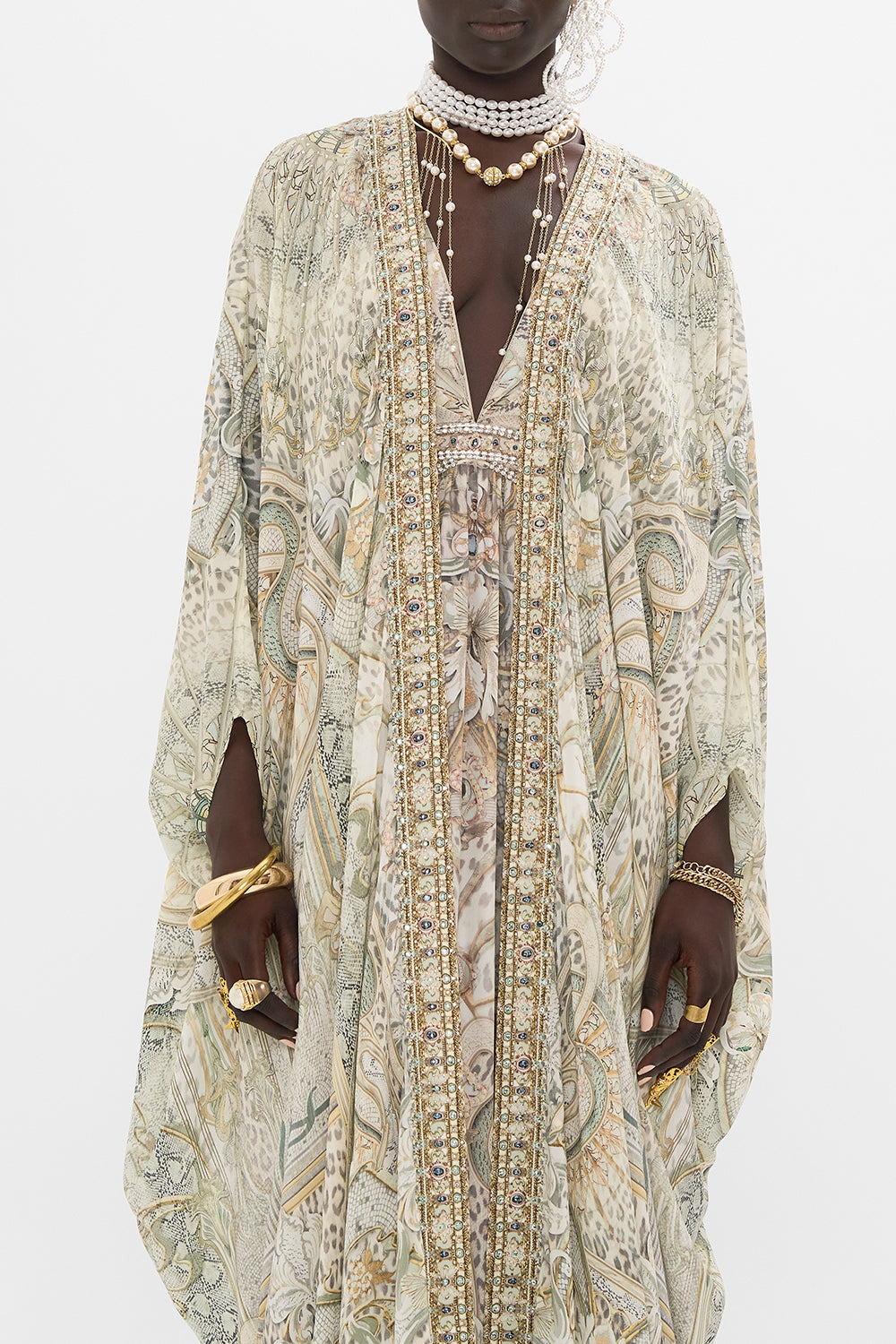 CAMILLA silk layer in Ivory Tower Tales print