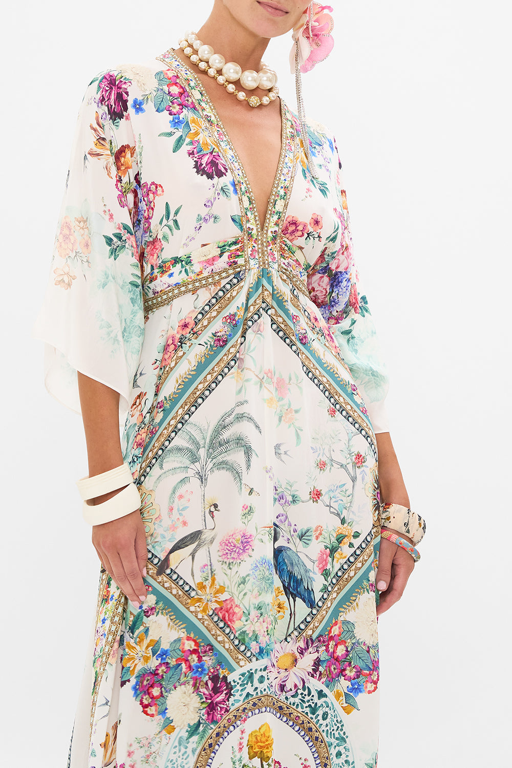 CAMILLA silk kaftan in Plumes and Parterres print