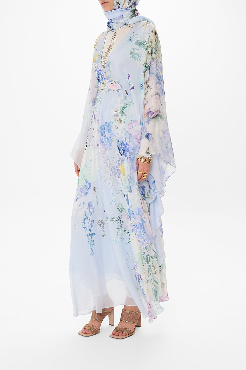 CAMILLA blue silk kaftan in Butterfloria print