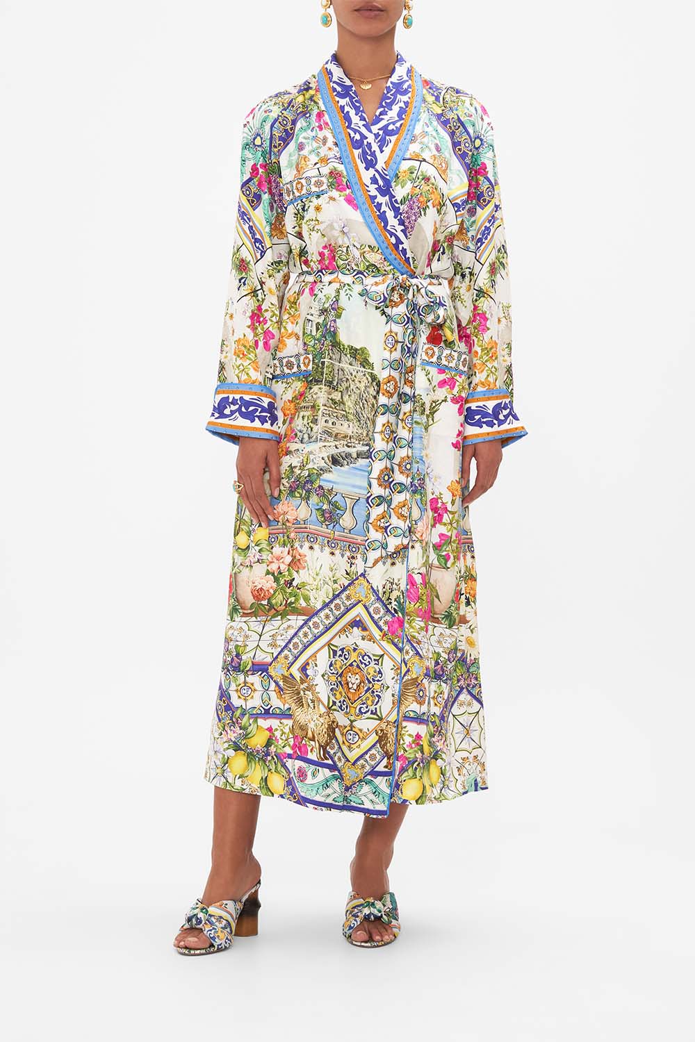 The CAMILLA LONG ROBE WITH TIE AMALFI AMORE in our AMALFI AMORE print.