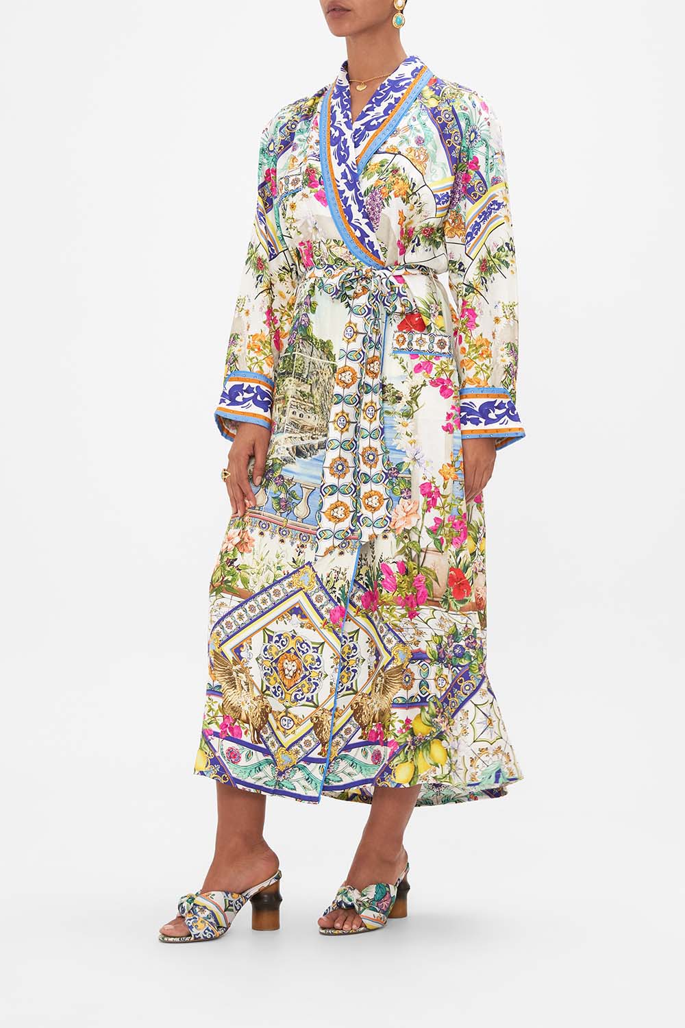 The CAMILLA LONG ROBE WITH TIE AMALFI AMORE in our  print.