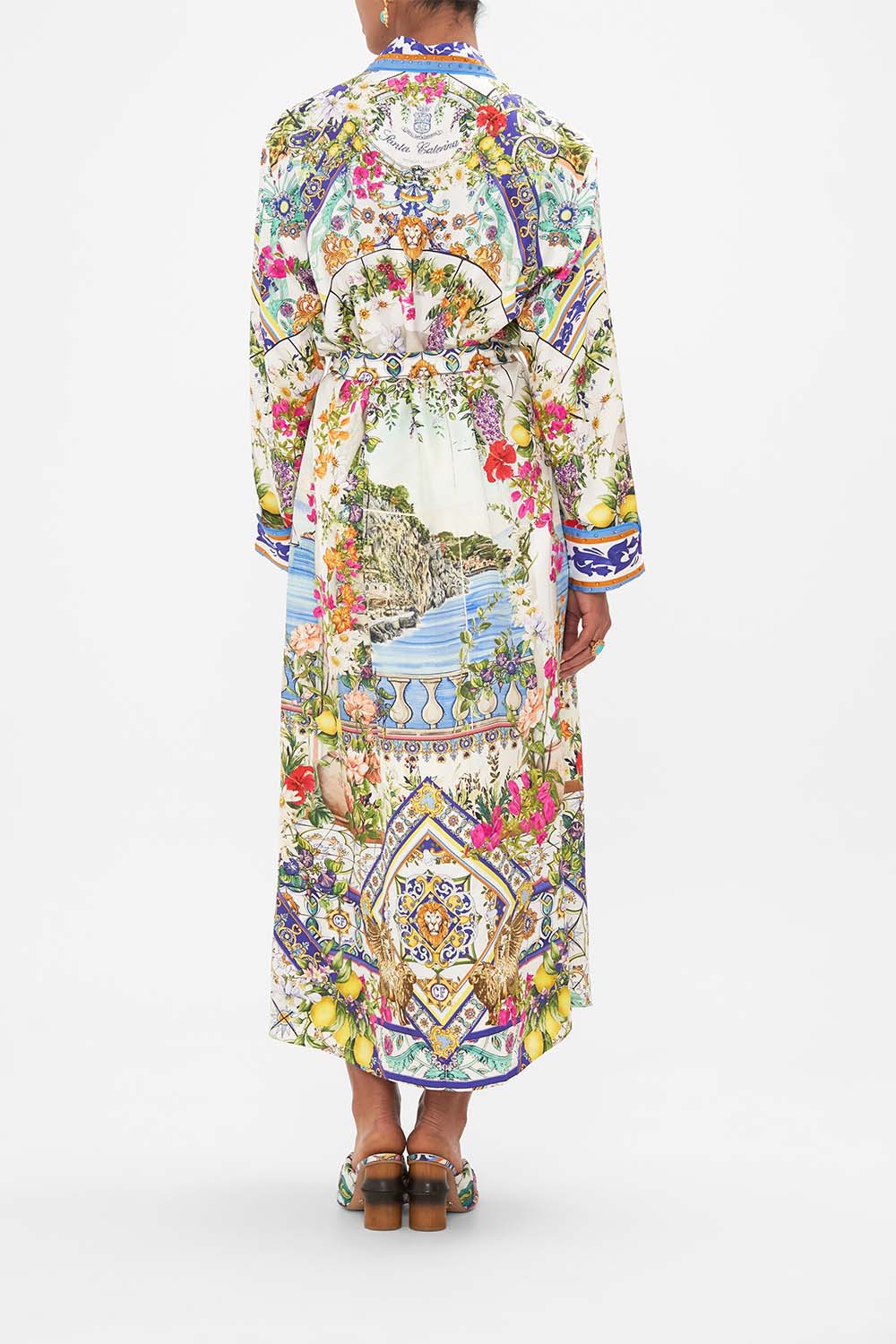 The CAMILLA LONG ROBE WITH TIE AMALFI AMORE in our  print.
