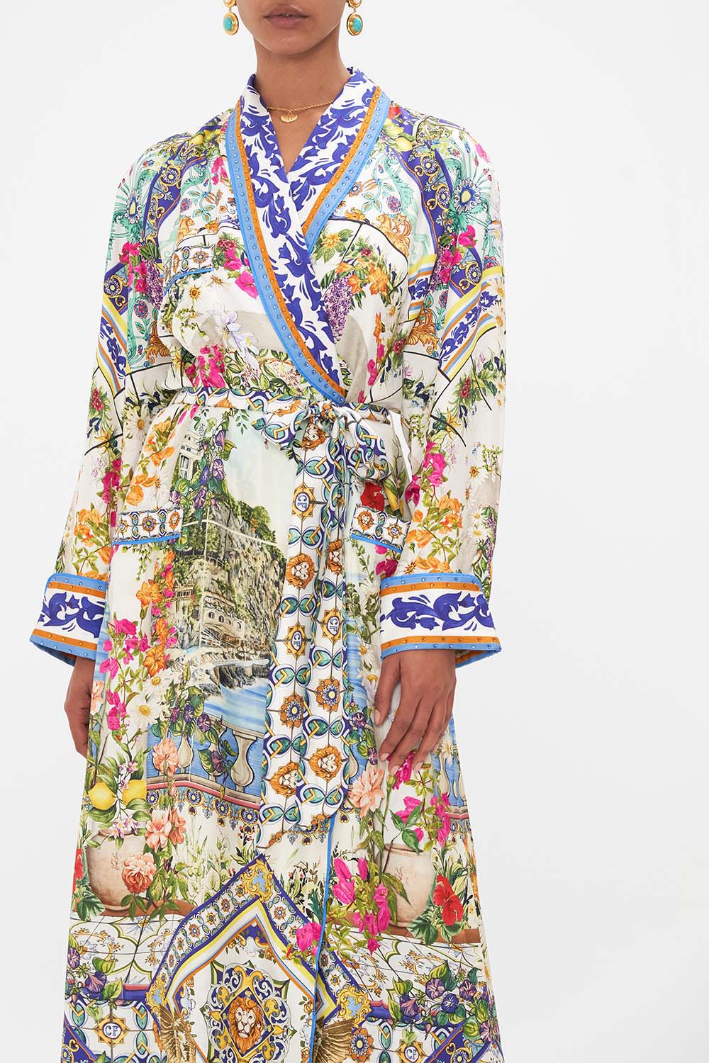 The CAMILLA LONG ROBE WITH TIE AMALFI AMORE in our  print.