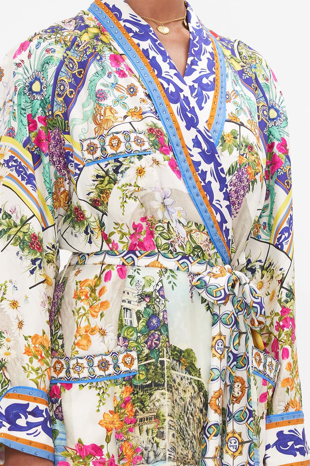 The CAMILLA LONG ROBE WITH TIE AMALFI AMORE in our  print.