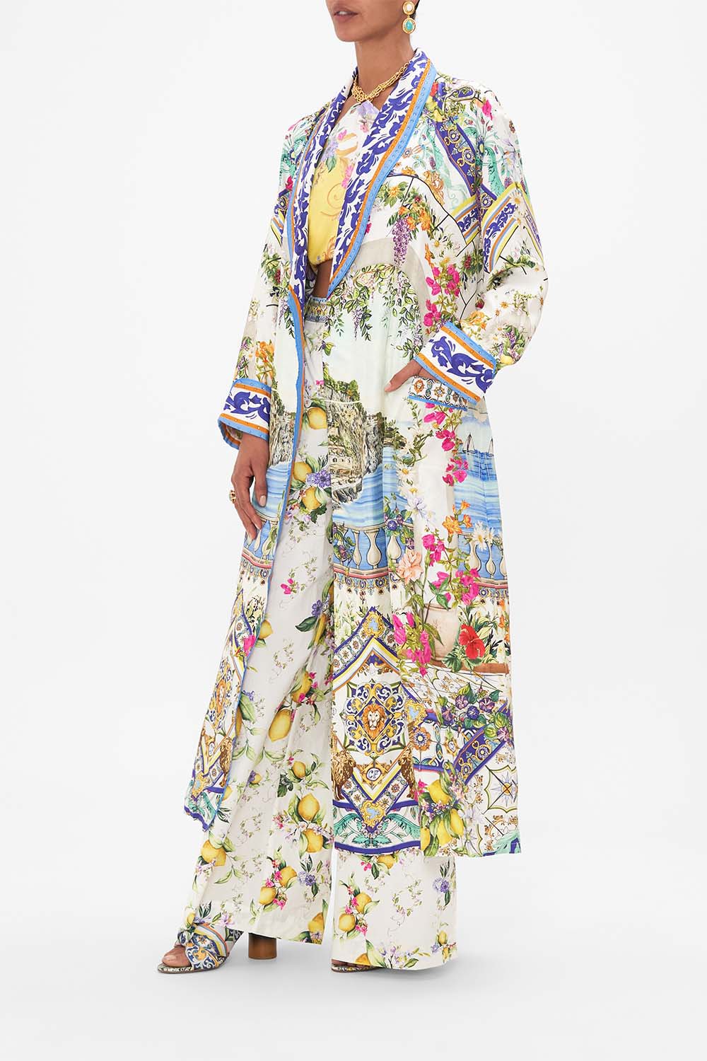 The CAMILLA LONG ROBE WITH TIE AMALFI AMORE in our  print.