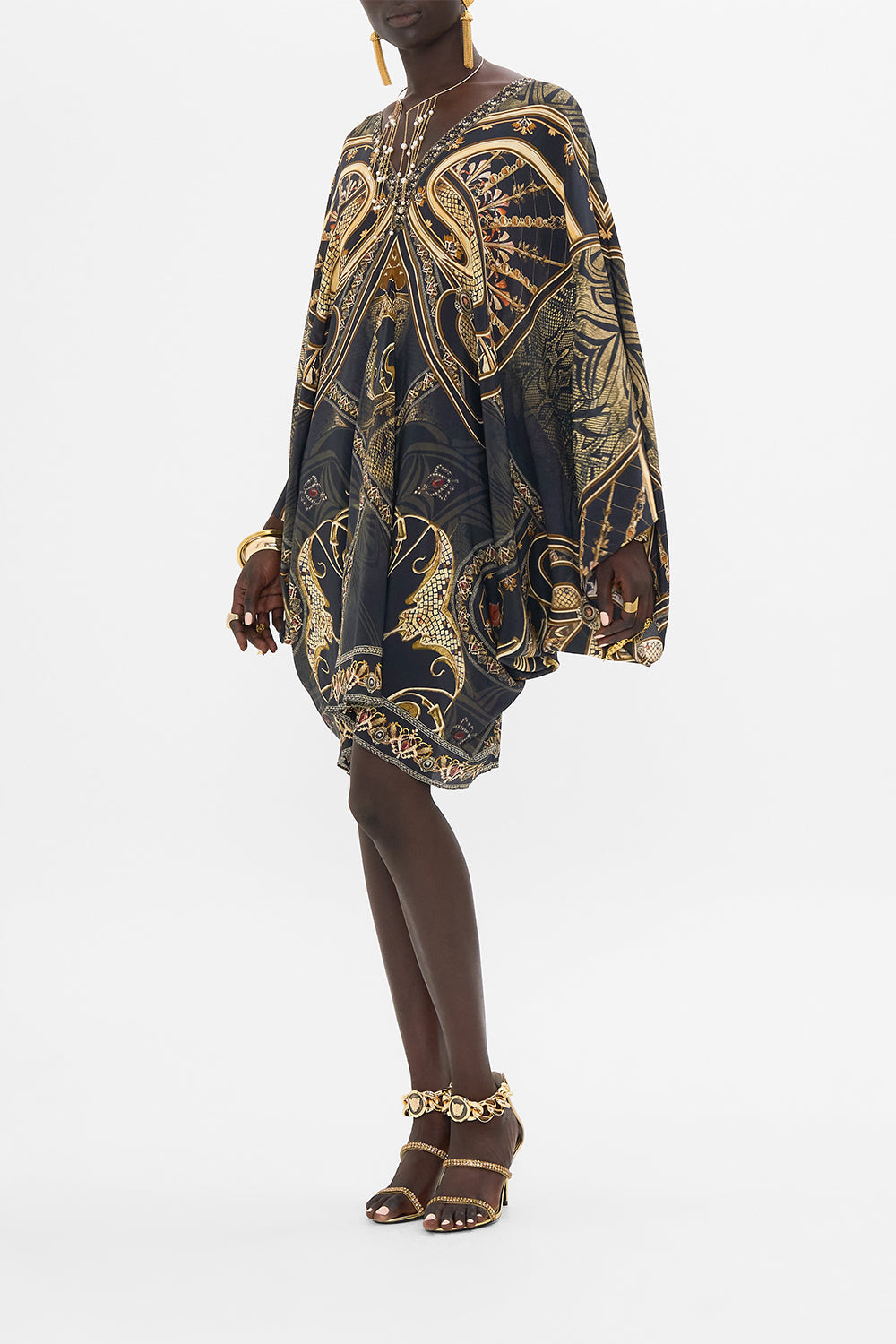 CAMILLA silk kaftan in Nouveau Noir print