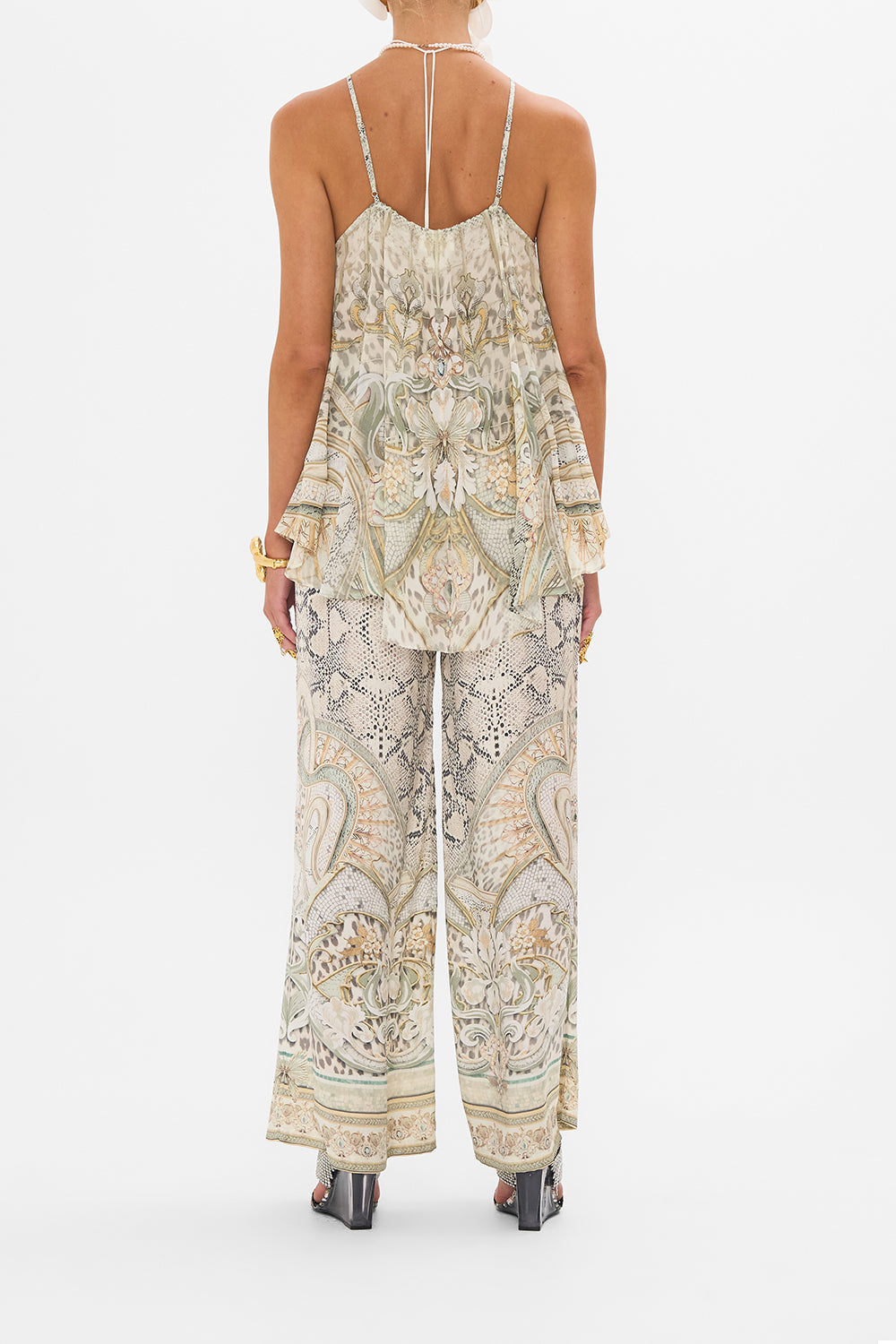 CAMILLA silk top in Ivory Tower Tales print