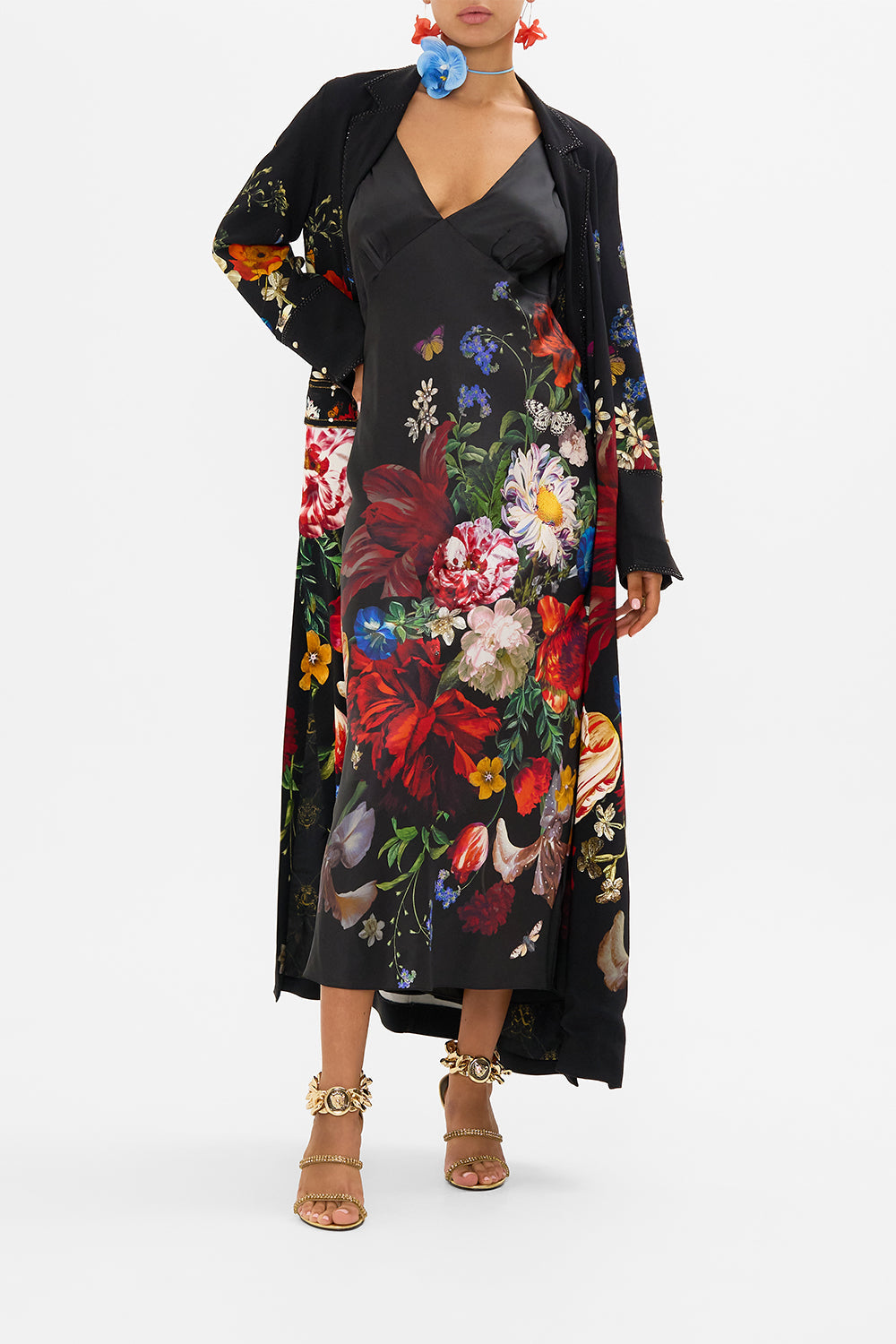 CAMILLA black silk slip dress in A Still Life print