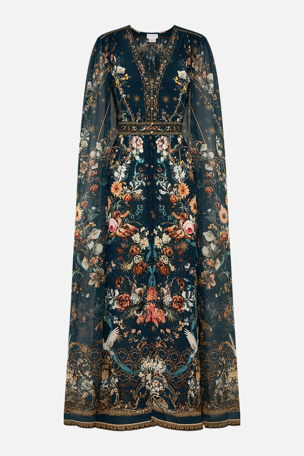 CAMILLA dress with cape in She Who Wears The Crown print