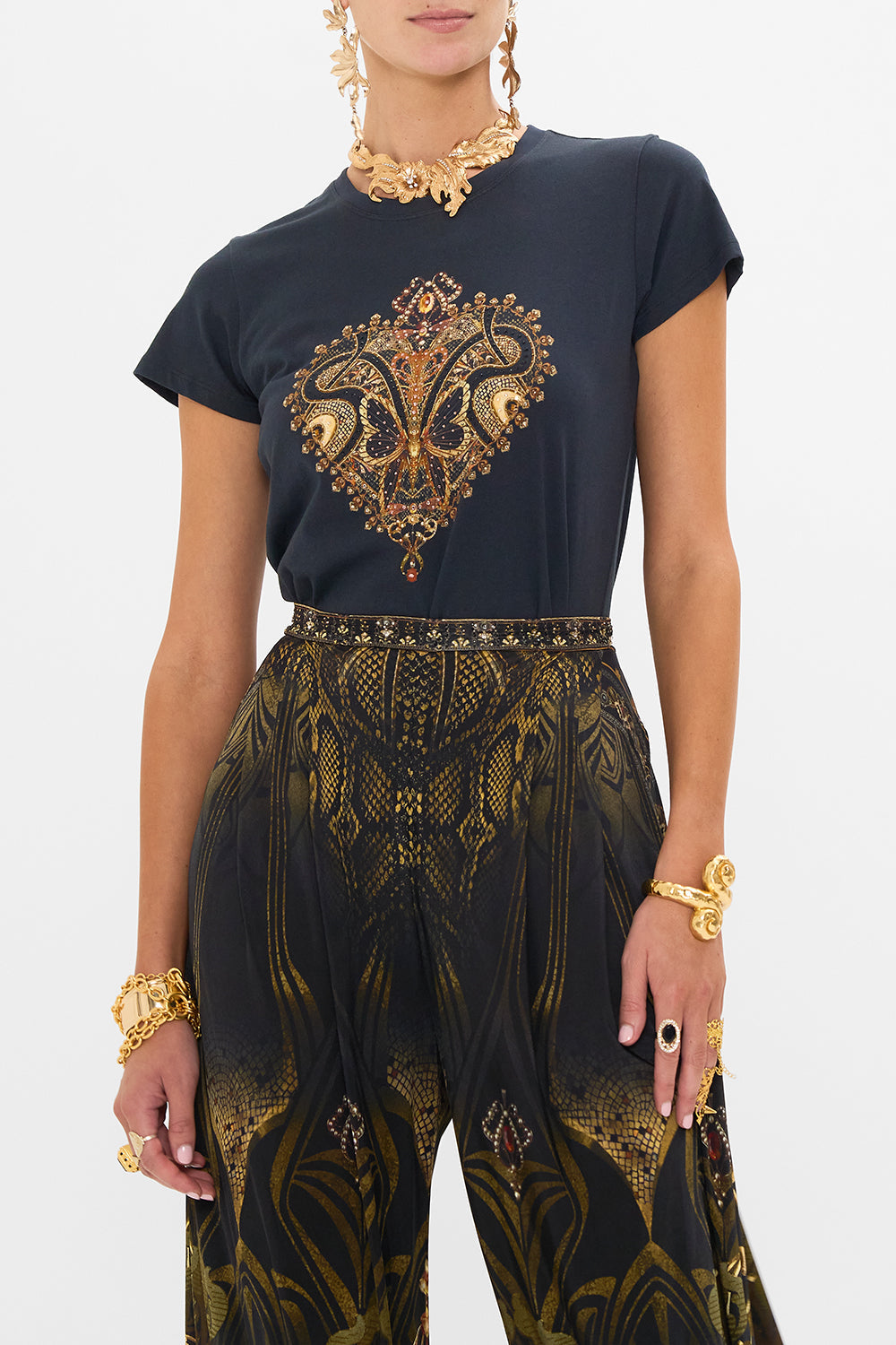 CAMILLA slim fit graphic t shirt in Nouveau Noir print